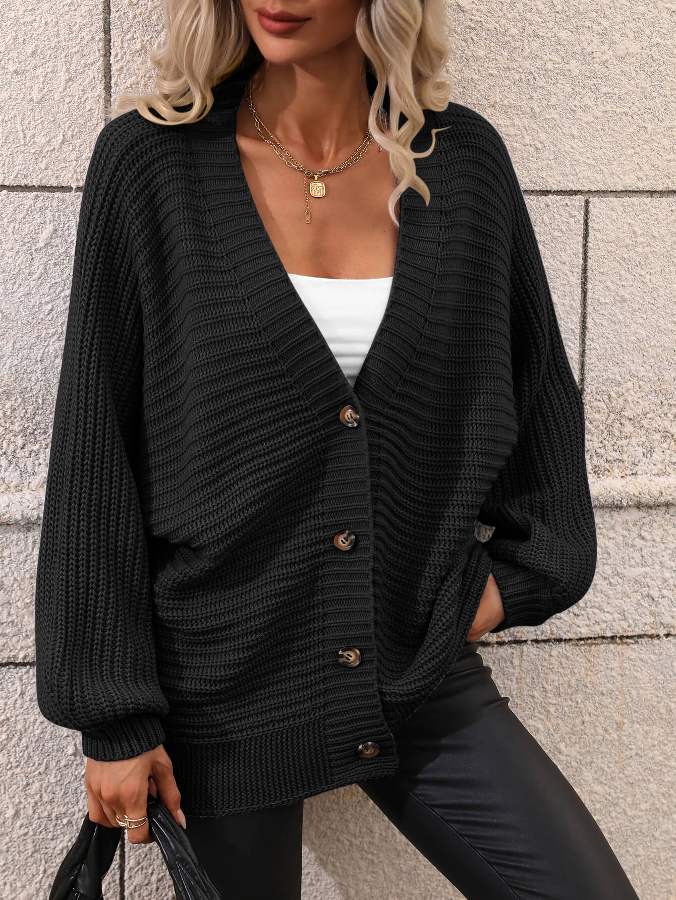 Button Down Horizontal-Ribbing Longline Cardigan BLUE ZONE PLANET