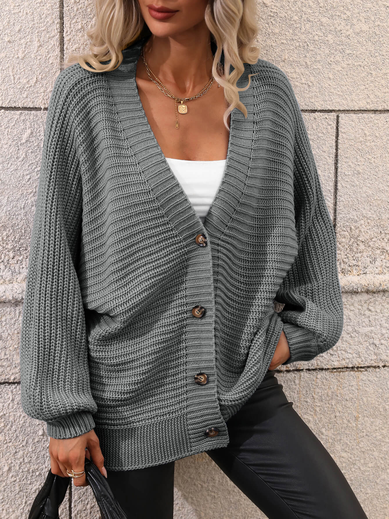 Button Down Horizontal-Ribbing Longline Cardigan BLUE ZONE PLANET