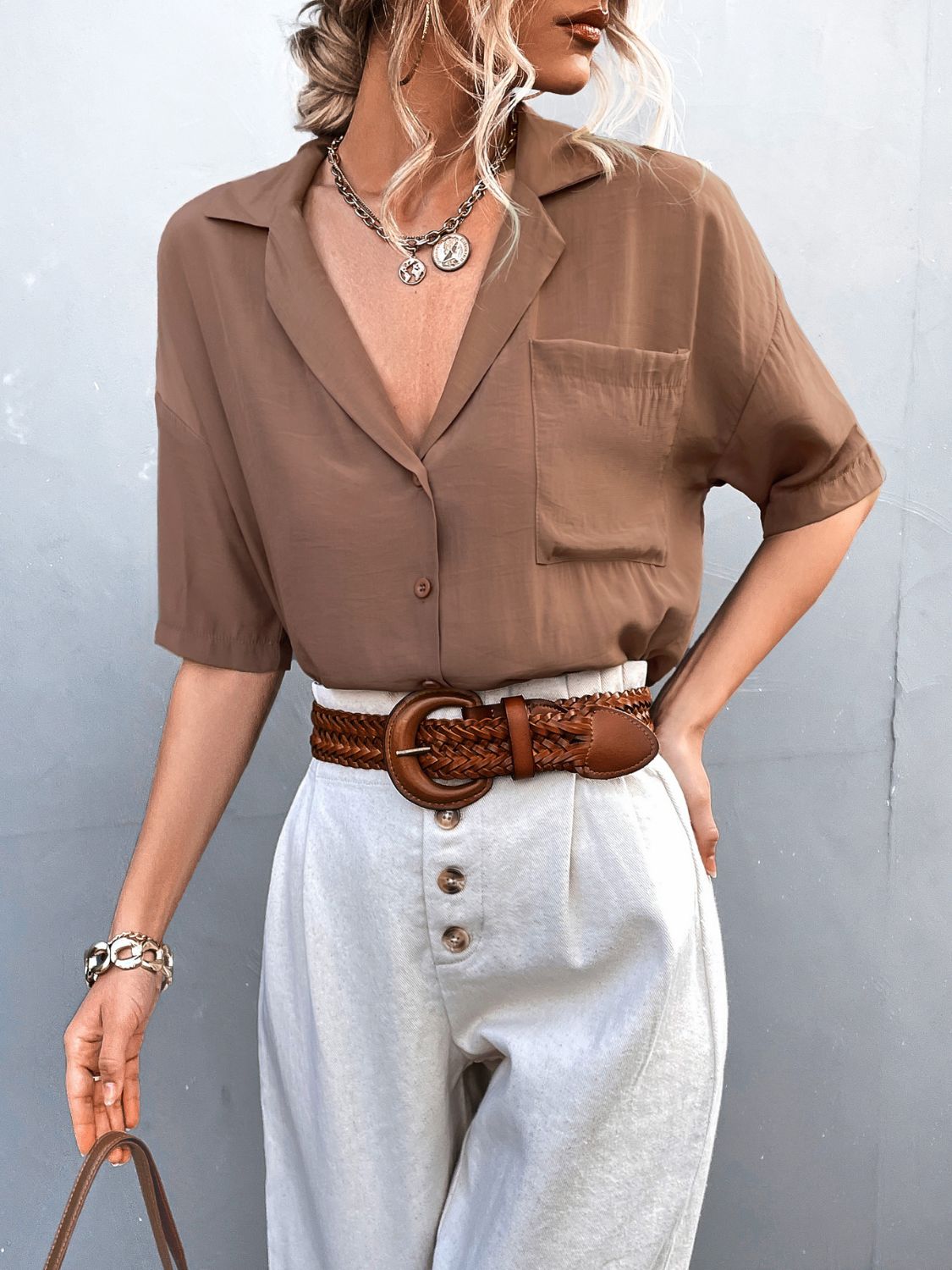 Button Down Lapel Collar Short Sleeve Shirt-TOPS / DRESSES-[Adult]-[Female]-Camel-S-Blue Zone Planet