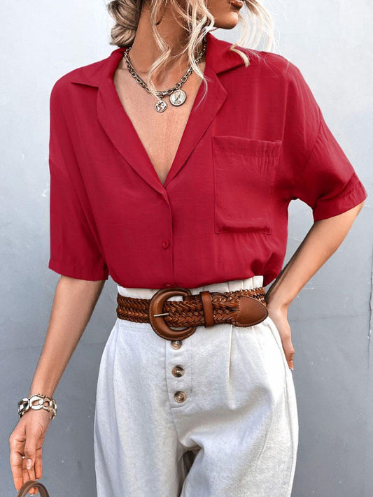 Button Down Lapel Collar Short Sleeve Shirt-TOPS / DRESSES-[Adult]-[Female]-Red-S-Blue Zone Planet