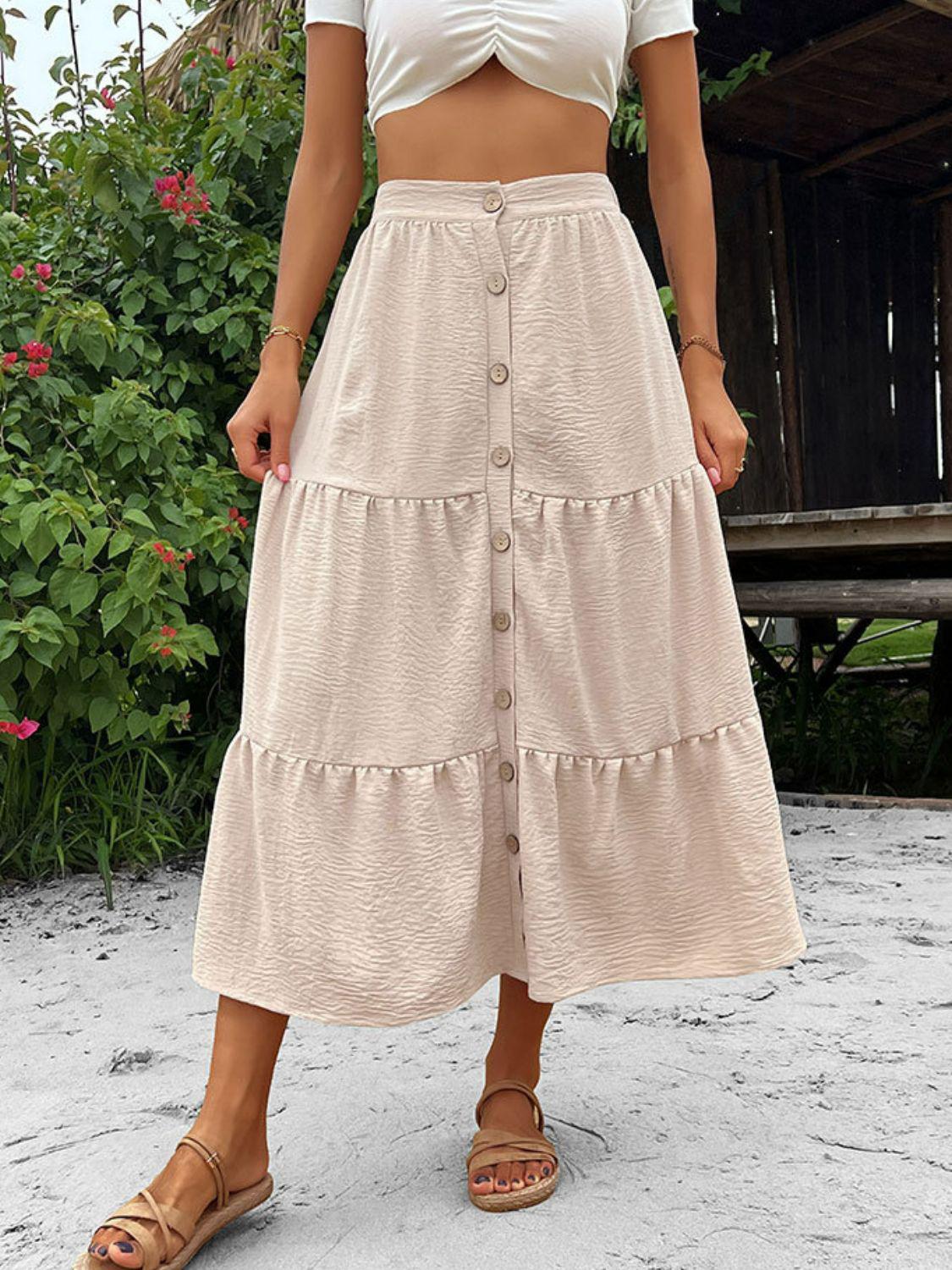 Button Down Tiered Midi Skirt BLUE ZONE PLANET