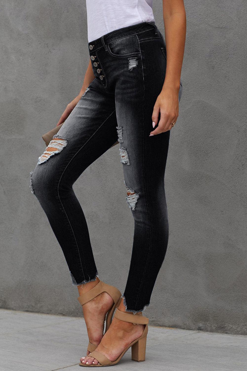 Button Fly Hem Detail Ankle-Length Skinny Jeans-JEANS 0-16-[Adult]-[Female]-2022 Online Blue Zone Planet