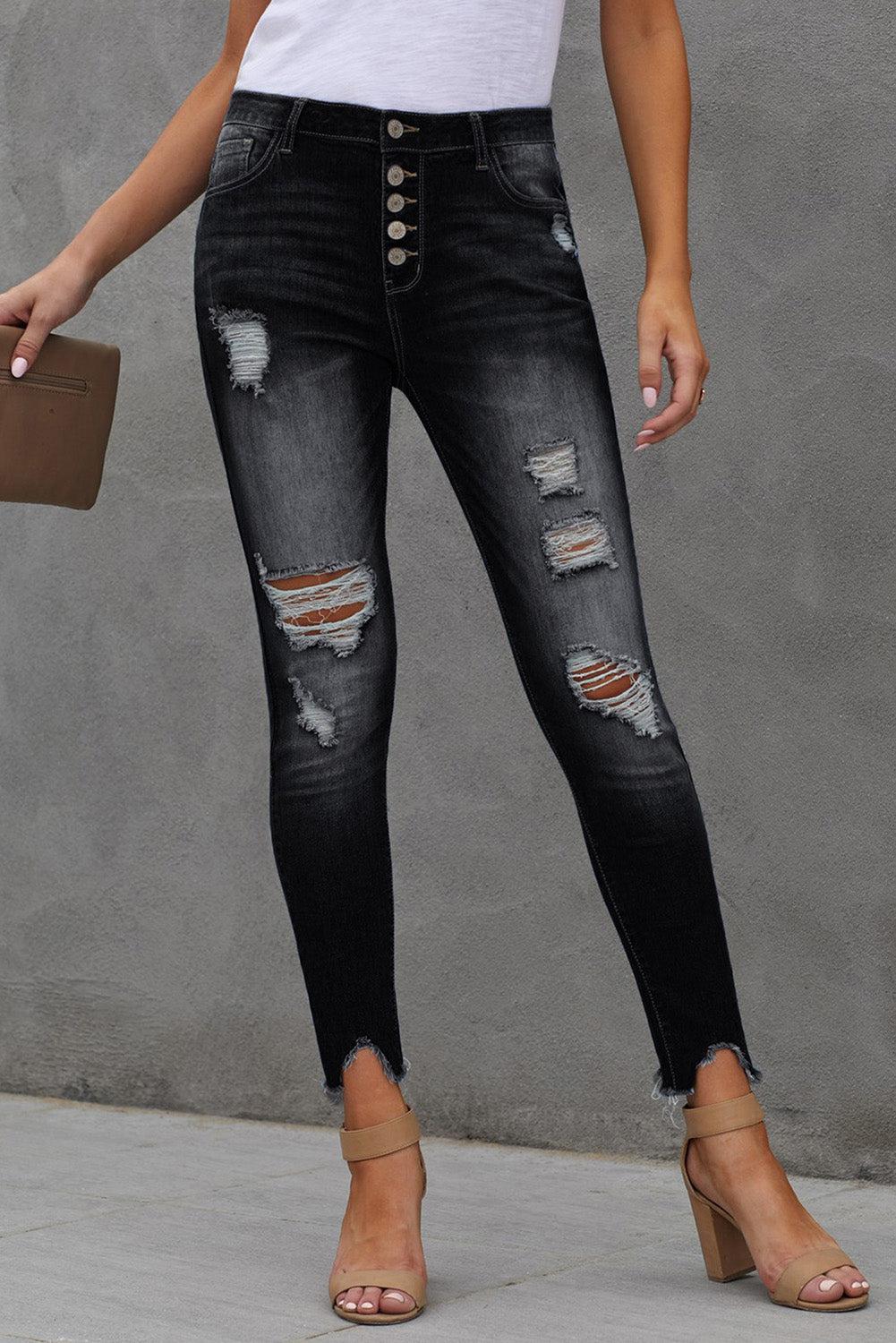 Button Fly Hem Detail Ankle-Length Skinny Jeans BLUE ZONE PLANET