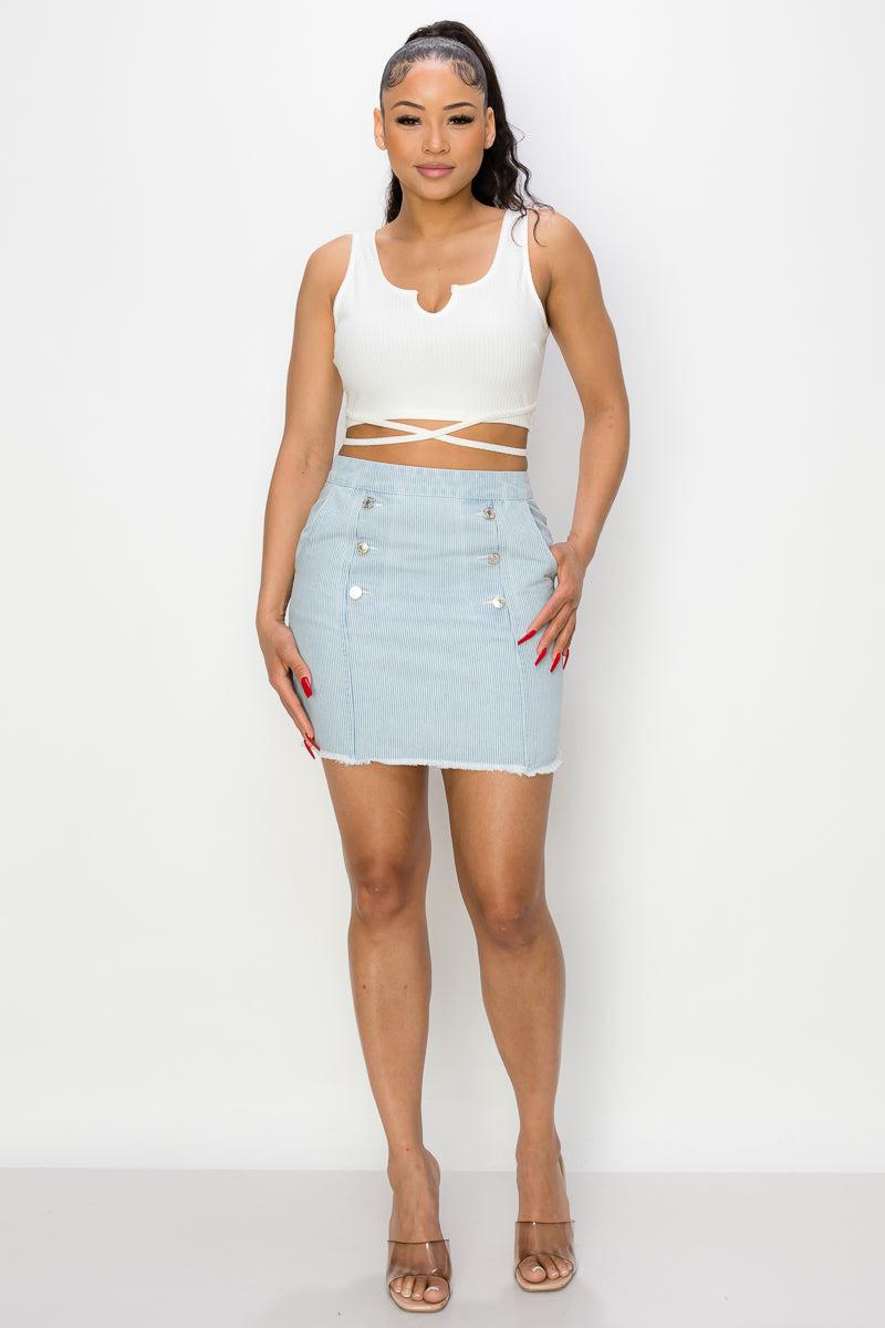 Button Frayed Denim Mini Skirt-TOPS / DRESSES-[Adult]-[Female]-Blue Zone Planet