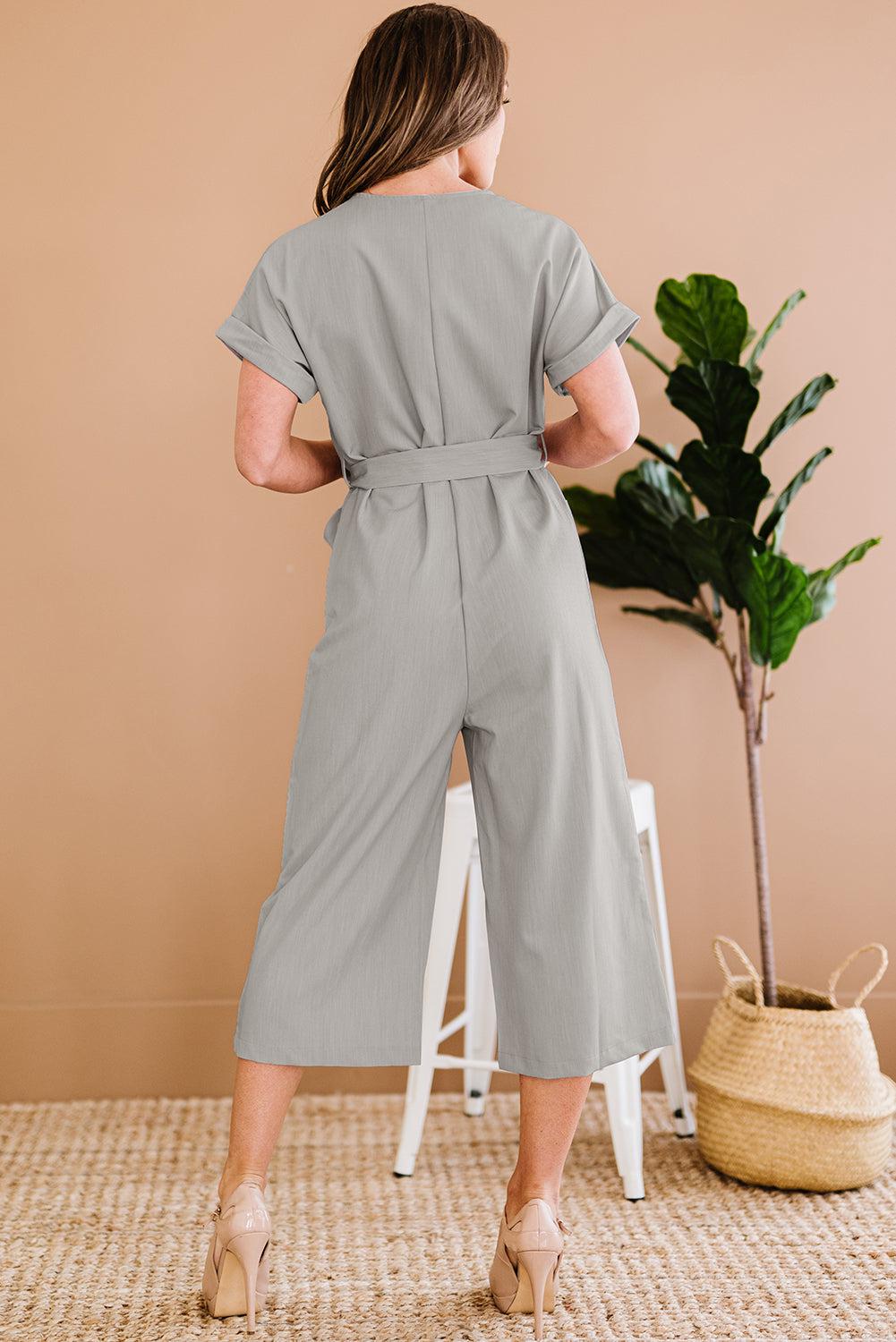 Button Front Belted Cropped Jumpsuit with Pockets BLUE ZONE PLANET