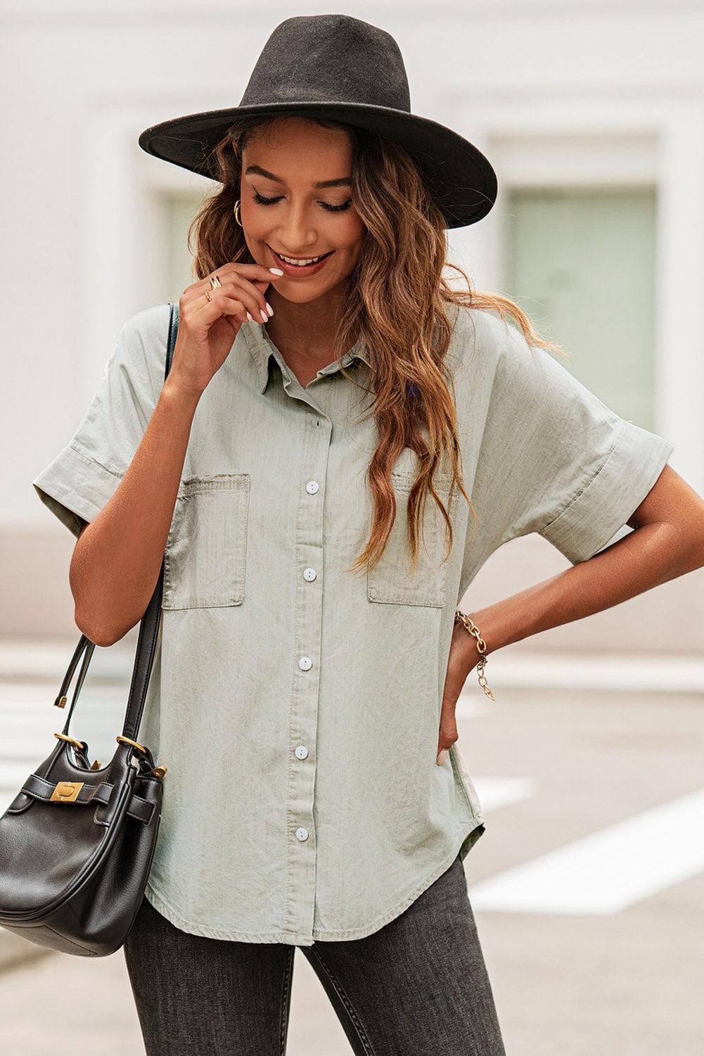 Button Front Collared Short Sleeve Shirt BLUE ZONE PLANET