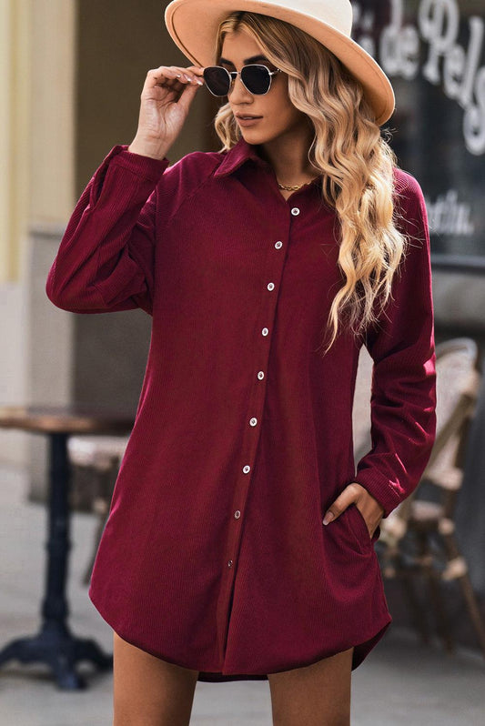 Button Front Curved Hem Raglan Sleeve Shirt Dress-TOPS / DRESSES-[Adult]-[Female]-Red-S-2022 Online Blue Zone Planet
