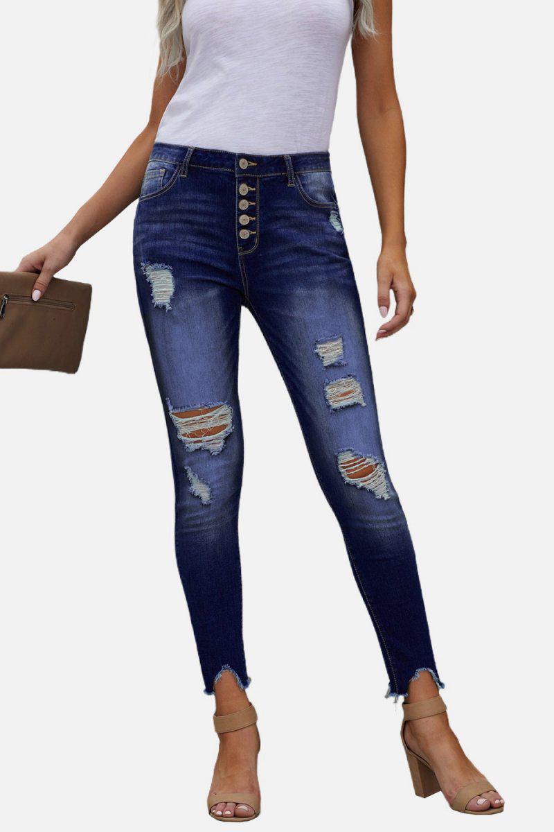 Button Front Frayed Ankle Skinny Jeans-TOPS / DRESSES-[Adult]-[Female]-Blue Zone Planet