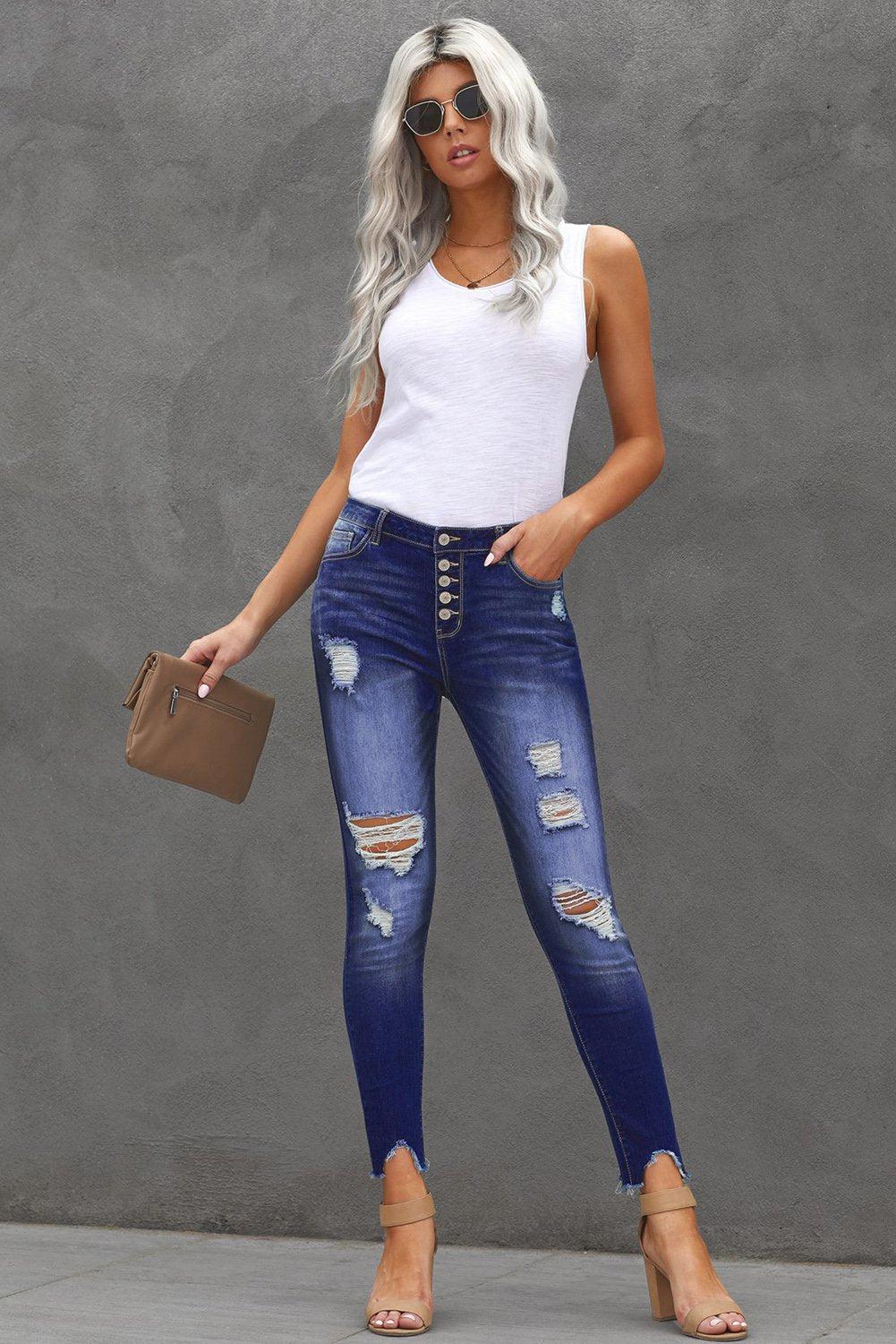 Button Front Frayed Ankle Skinny Jeans BLUE ZONE PLANET