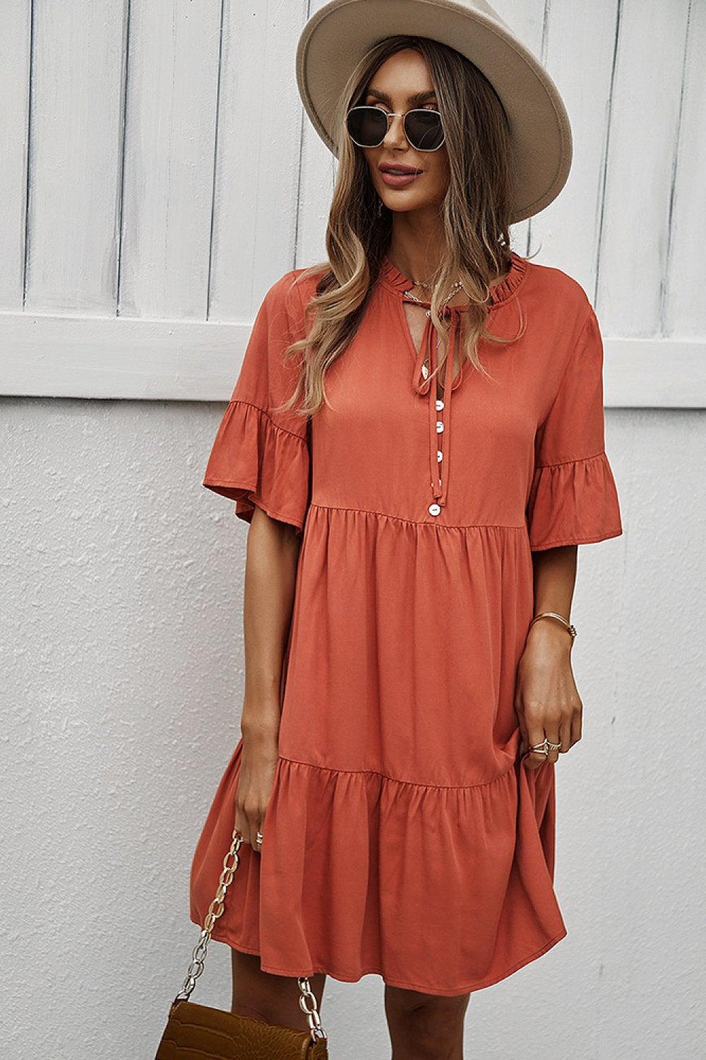Button Front Tiered Tie Neck Mini Dress-TOPS / DRESSES-[Adult]-[Female]-Tangerine-S-Blue Zone Planet