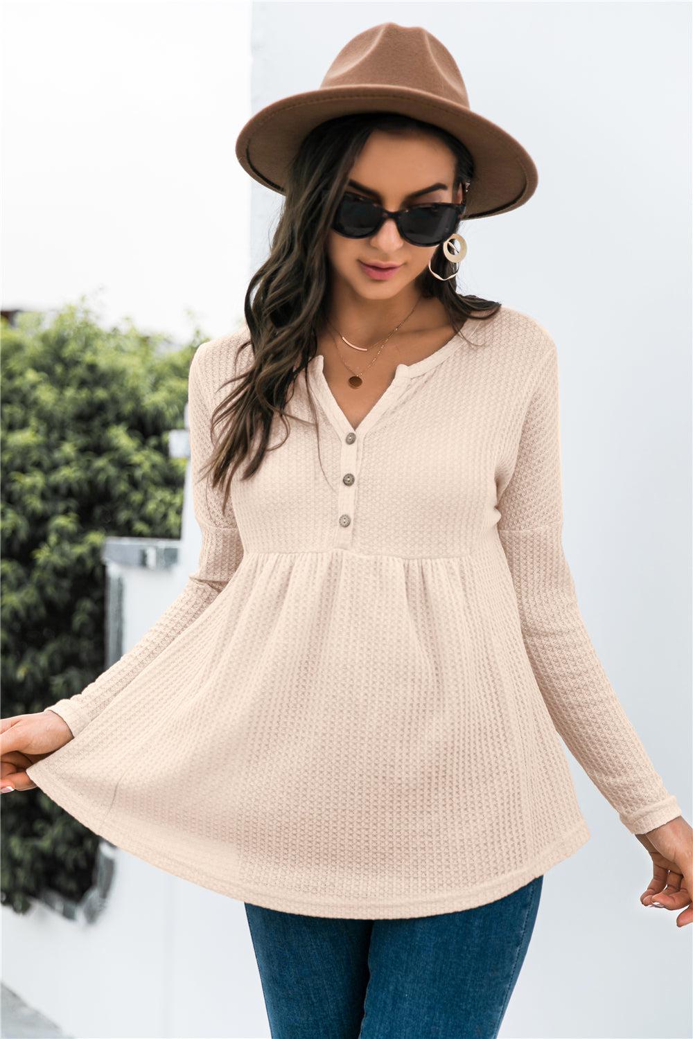 Button Front Waffle Knit Babydoll Top BLUE ZONE PLANET