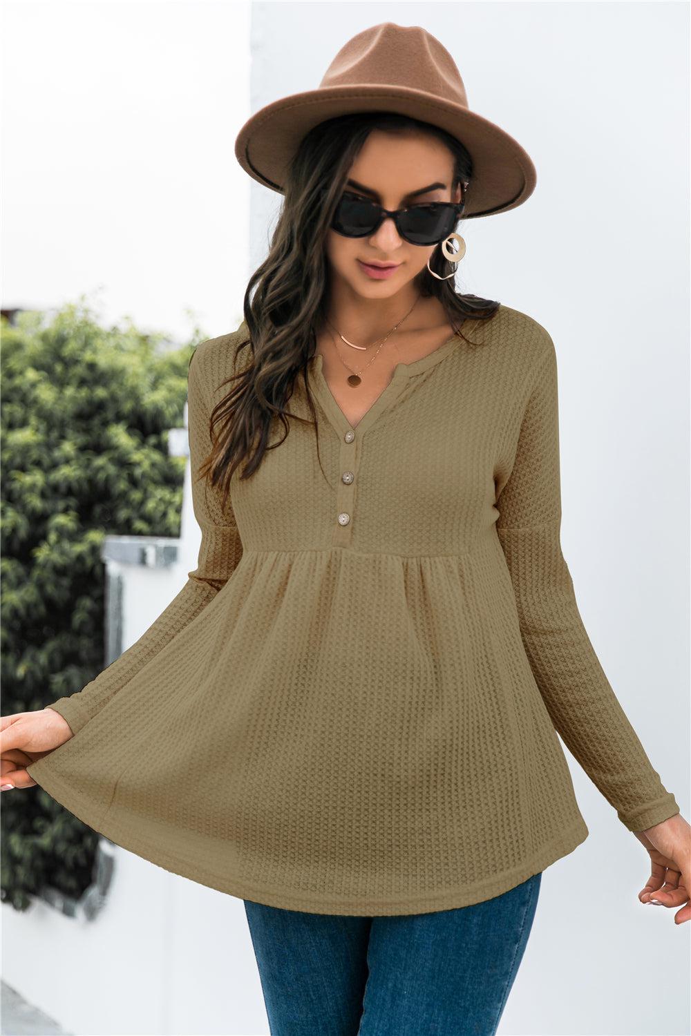 Button Front Waffle Knit Babydoll Top-TOPS / DRESSES-[Adult]-[Female]-Army Green-S-2022 Online Blue Zone Planet