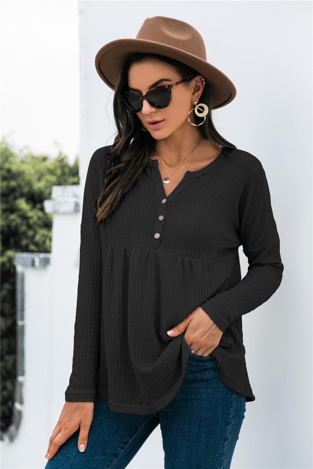 Button Front Waffle Knit Babydoll Top-TOPS / DRESSES-[Adult]-[Female]-Black-S-2022 Online Blue Zone Planet