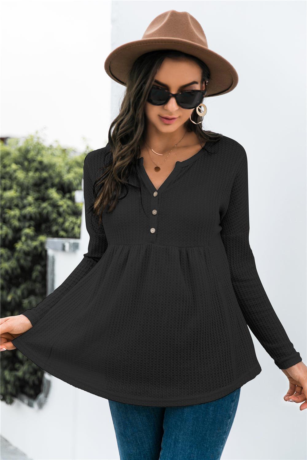 Button Front Waffle Knit Babydoll Top-TOPS / DRESSES-[Adult]-[Female]-2022 Online Blue Zone Planet