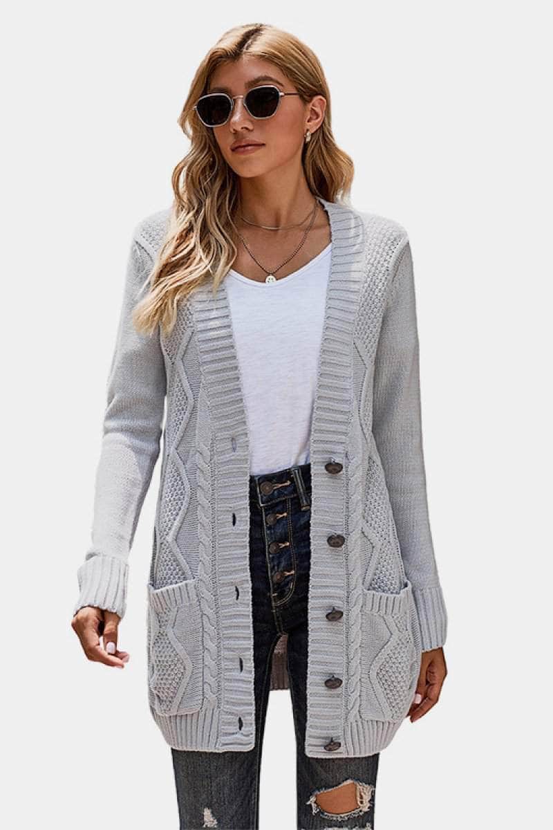 Button Pocket Cable Knit Cardigan BLUE ZONE PLANET