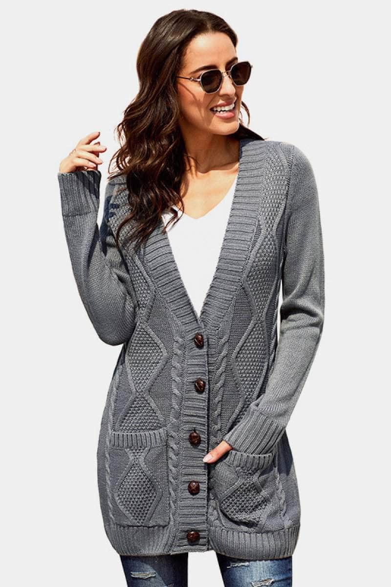 Button Pocket Cable Knit Cardigan BLUE ZONE PLANET