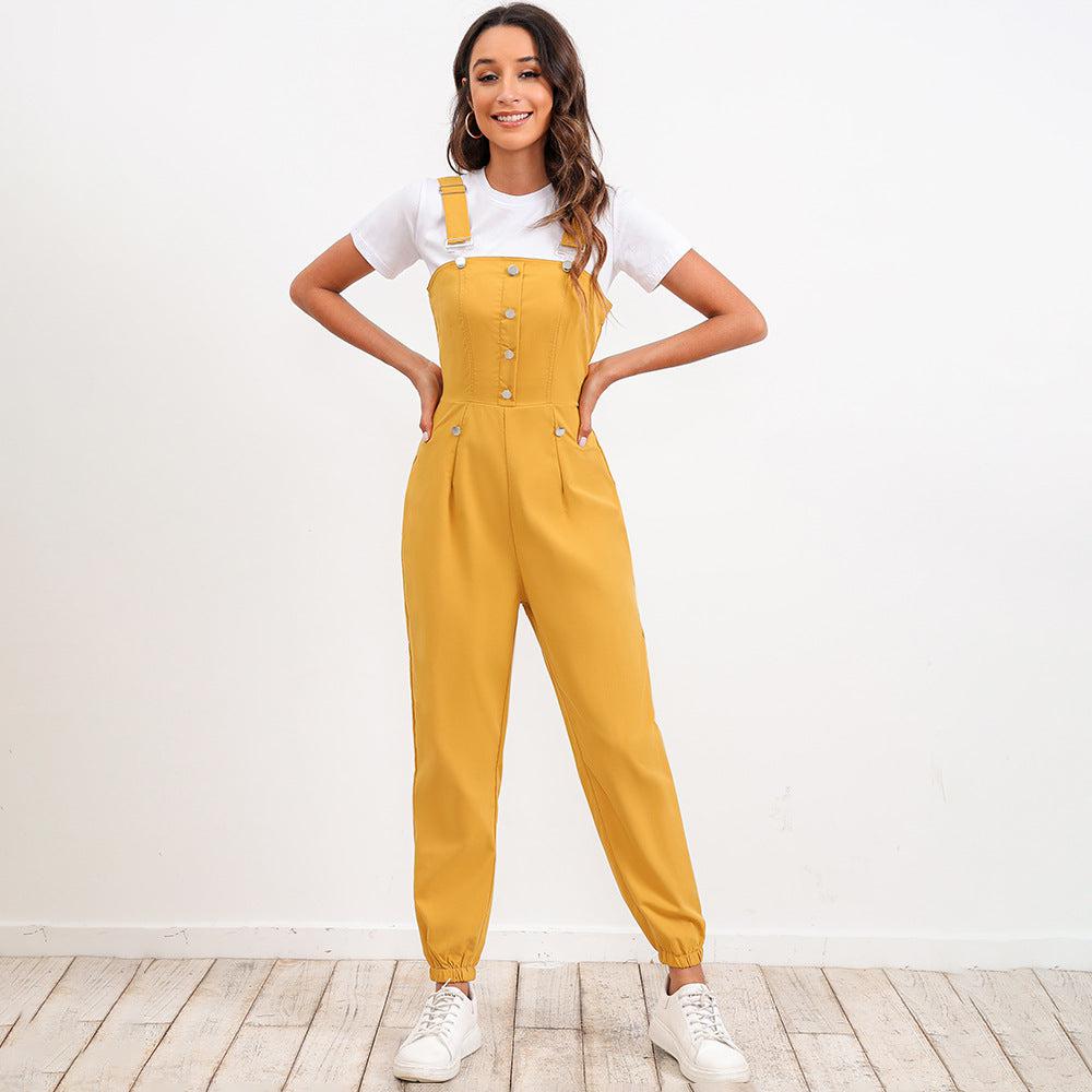 Button Trim Jogger Overalls-TOPS / DRESSES-[Adult]-[Female]-Yellow-S-Blue Zone Planet