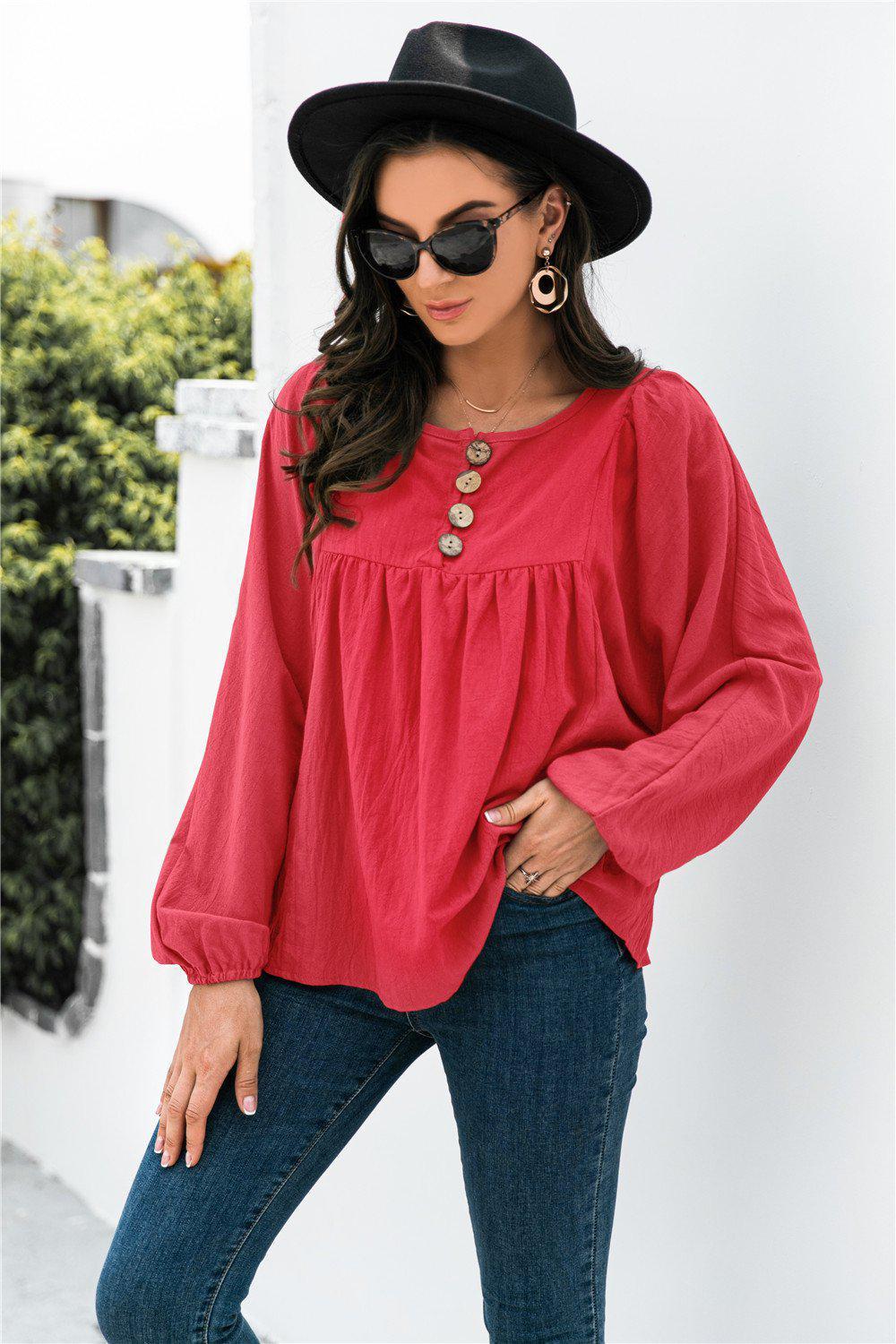 Button Up Balloon Sleeve Blouse BLUE ZONE PLANET