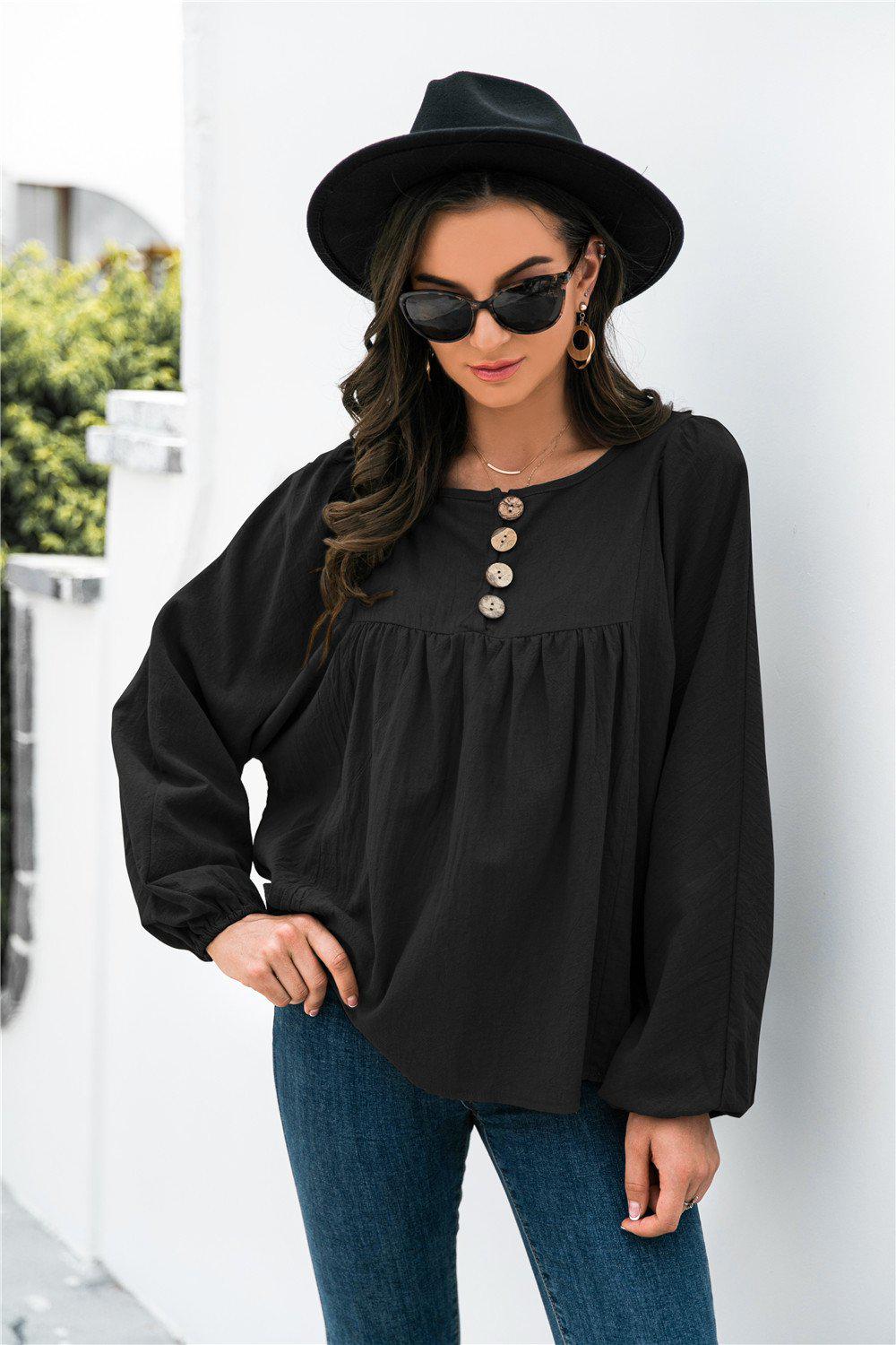 Button Up Balloon Sleeve Blouse BLUE ZONE PLANET