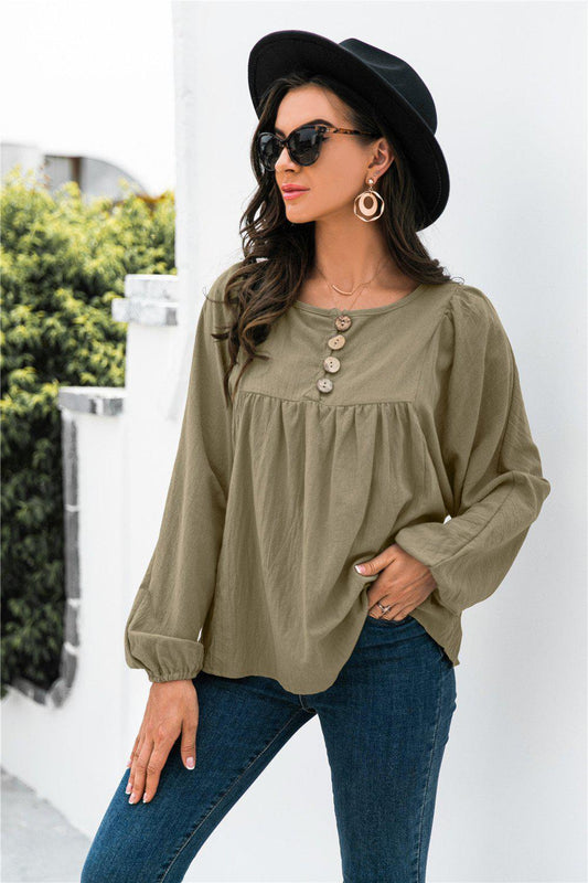 Button Up Balloon Sleeve Blouse BLUE ZONE PLANET