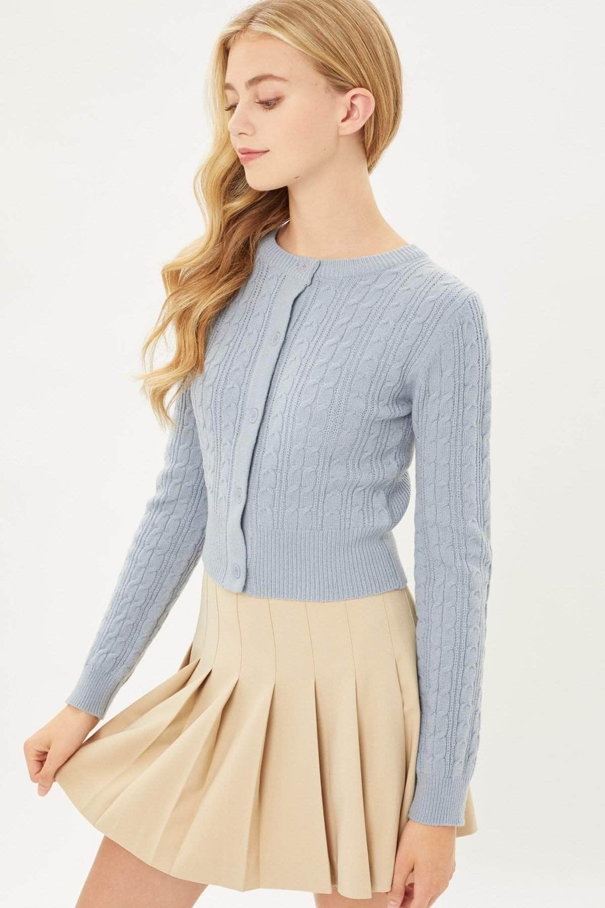 Buttoned Cable Knit Cardigan Long Sleeve Sweater Blue Zone Planet