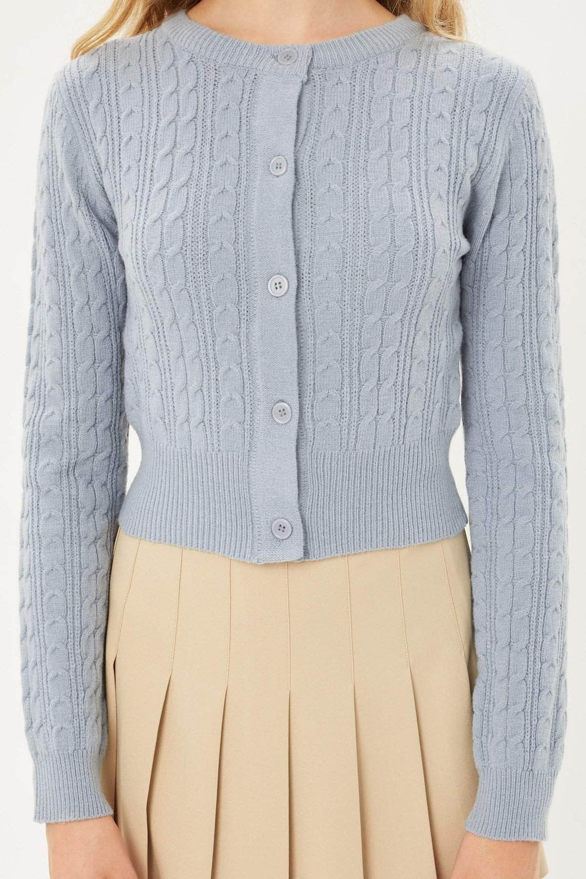 Buttoned Cable Knit Cardigan Long Sleeve Sweater Blue Zone Planet