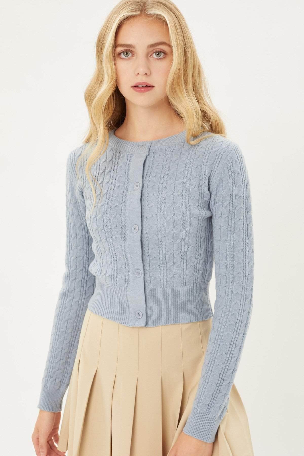 Buttoned Cable Knit Cardigan Long Sleeve Sweater Blue Zone Planet