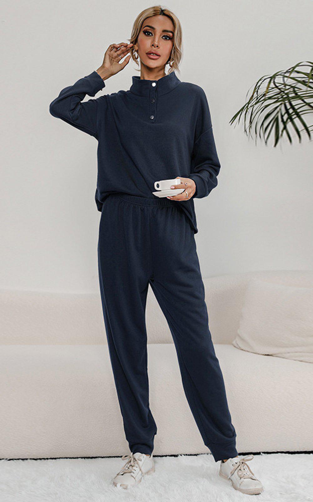 Buttoned Collar Top and Pants Lounge Set BLUE ZONE PLANET
