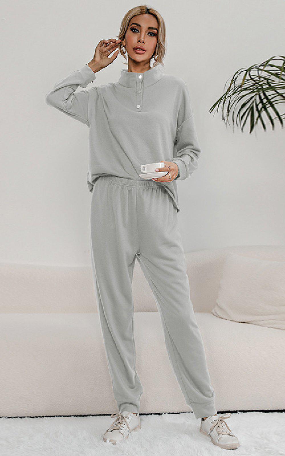Buttoned Collar Top and Pants Lounge Set BLUE ZONE PLANET