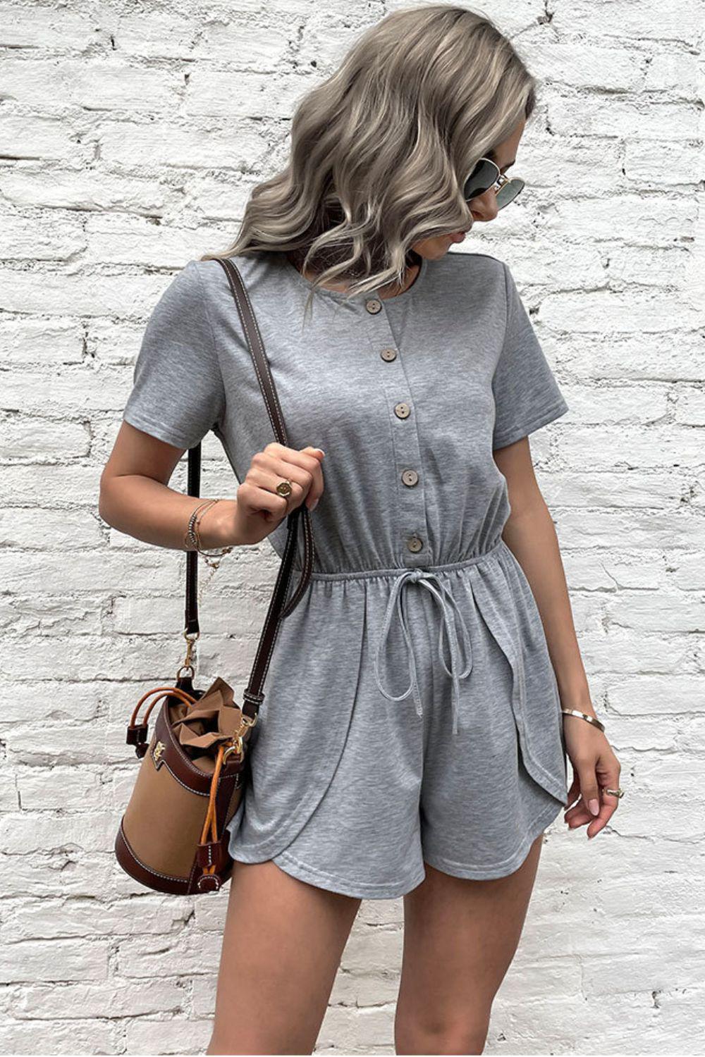 Buttoned Drawstring Round Neck Romper-TOPS / DRESSES-[Adult]-[Female]-Gray-S-Blue Zone Planet