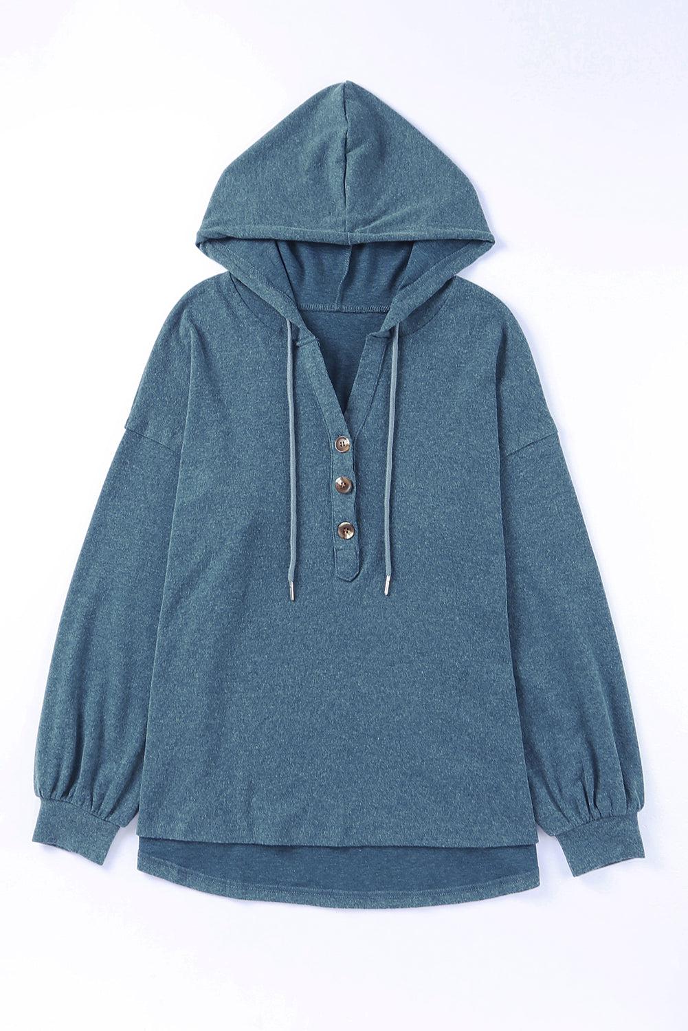 Buttoned Drop Shoulder High-Low Hoodie BLUE ZONE PLANET