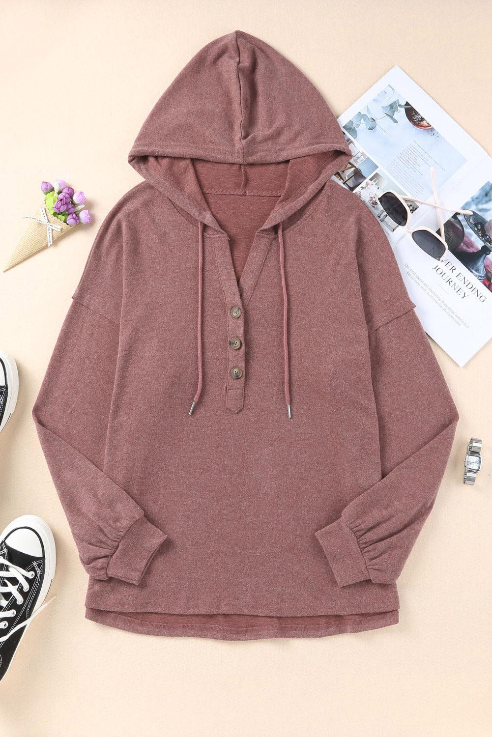 Buttoned Drop Shoulder High-Low Hoodie BLUE ZONE PLANET
