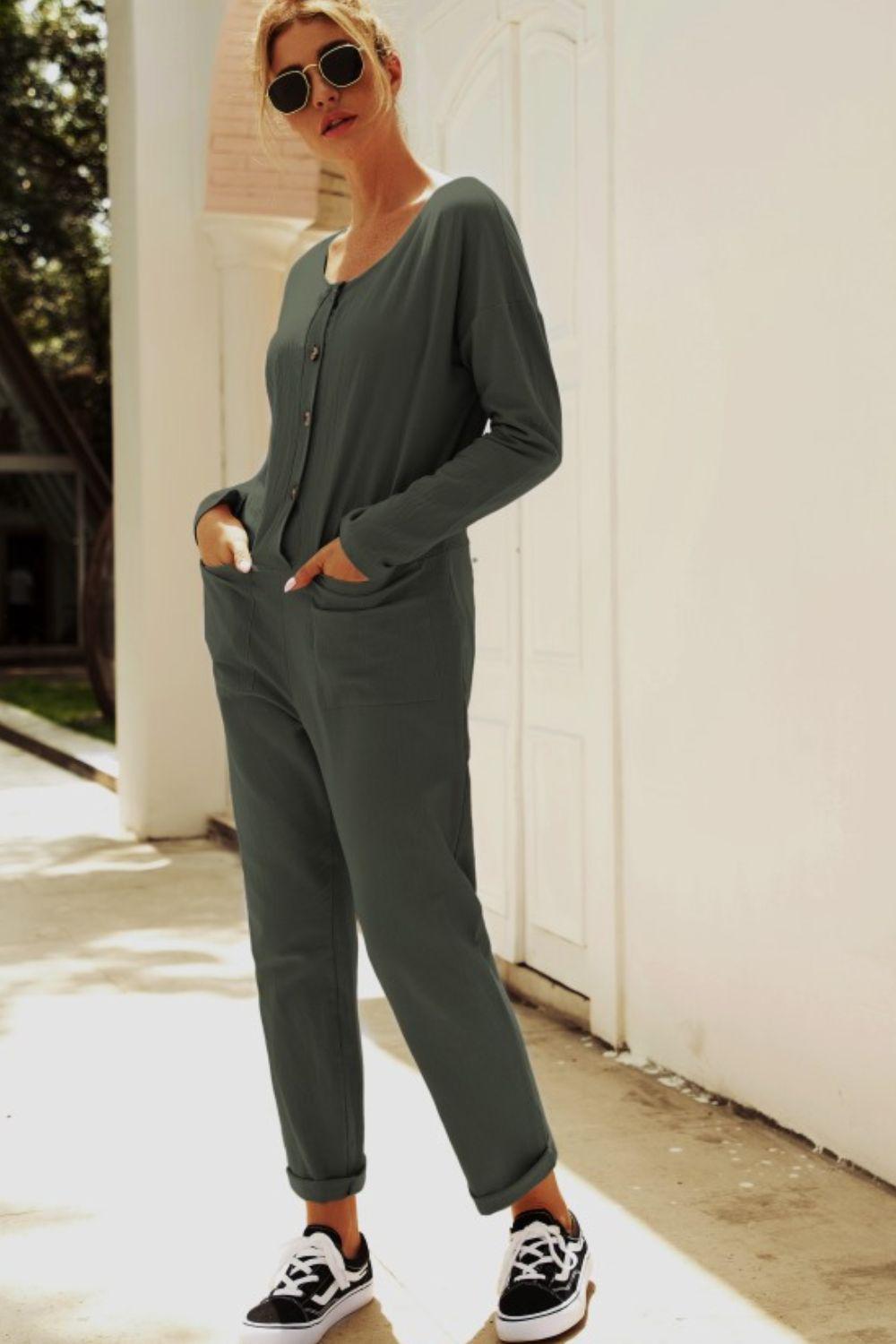 Buttoned Drop Shoulder Pocket Jumpsuit BLUE ZONE PLANET