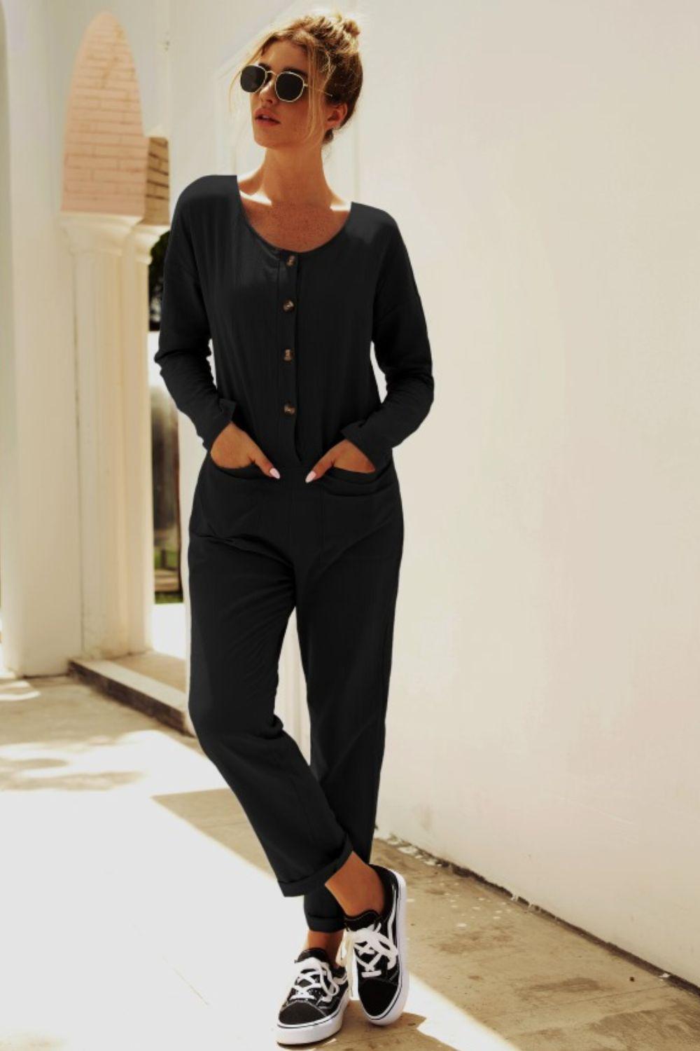 Buttoned Drop Shoulder Pocket Jumpsuit BLUE ZONE PLANET