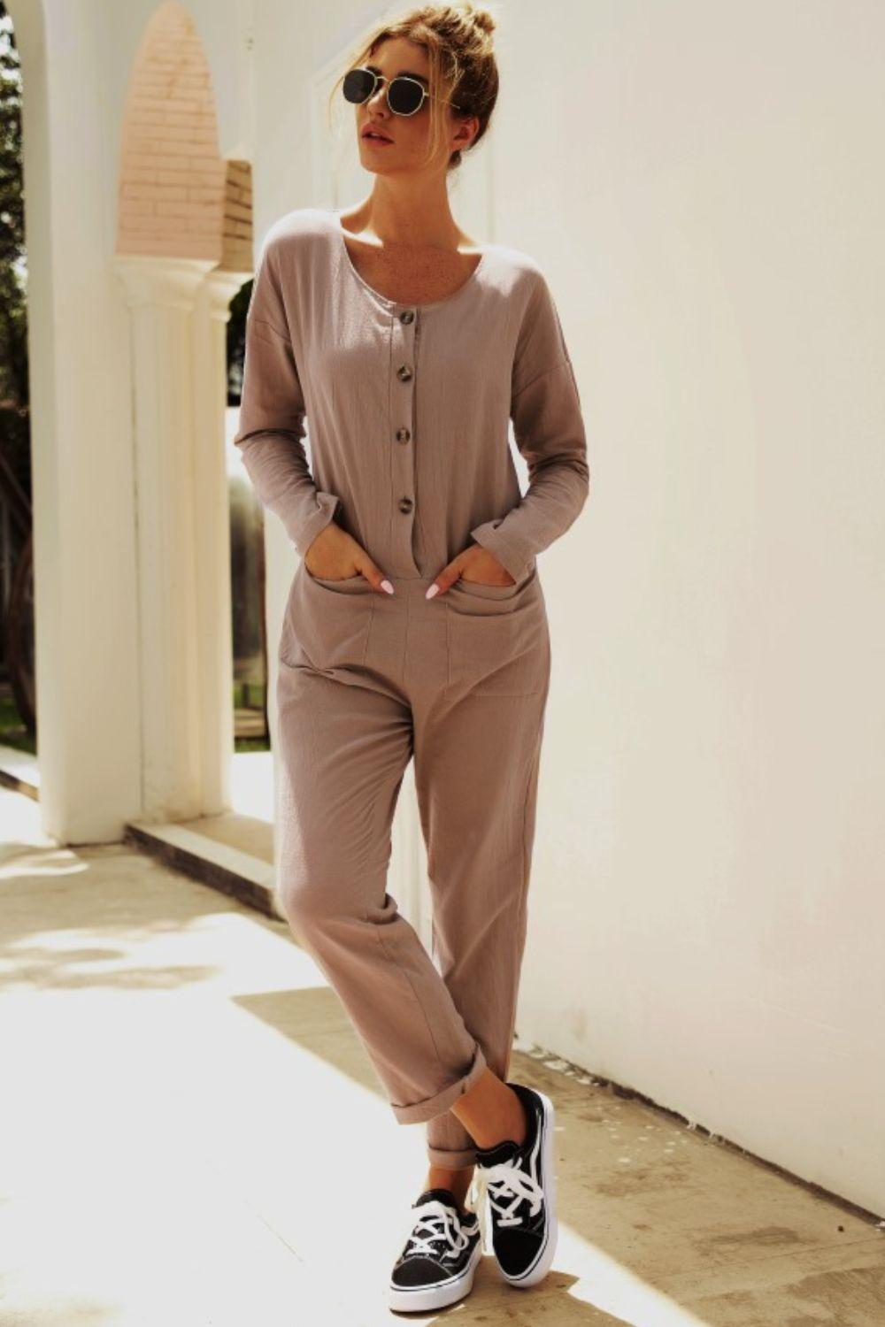 Buttoned Drop Shoulder Pocket Jumpsuit BLUE ZONE PLANET