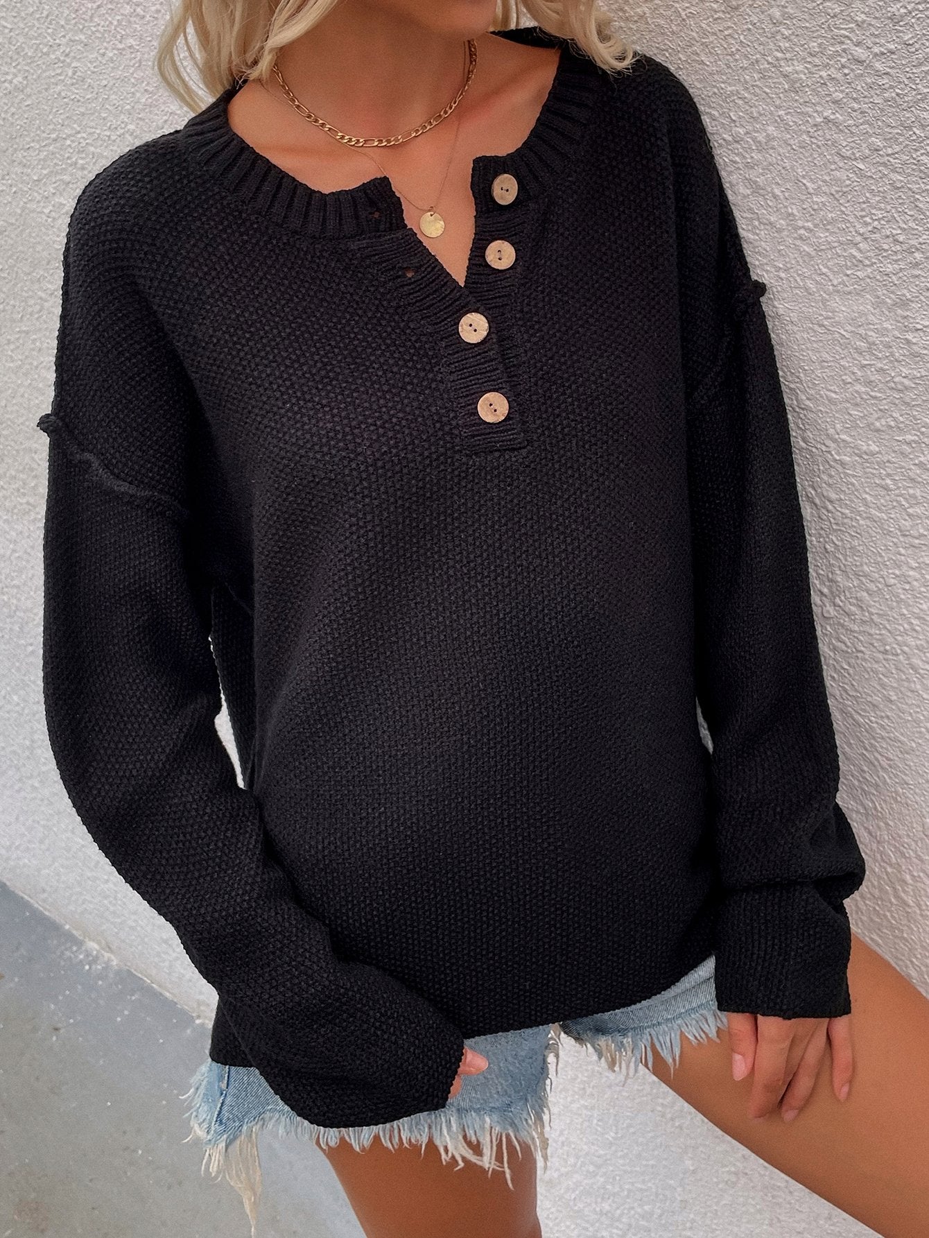 Buttoned Exposed Seam High-Low Sweater-TOPS / DRESSES-[Adult]-[Female]-Black-S-Blue Zone Planet