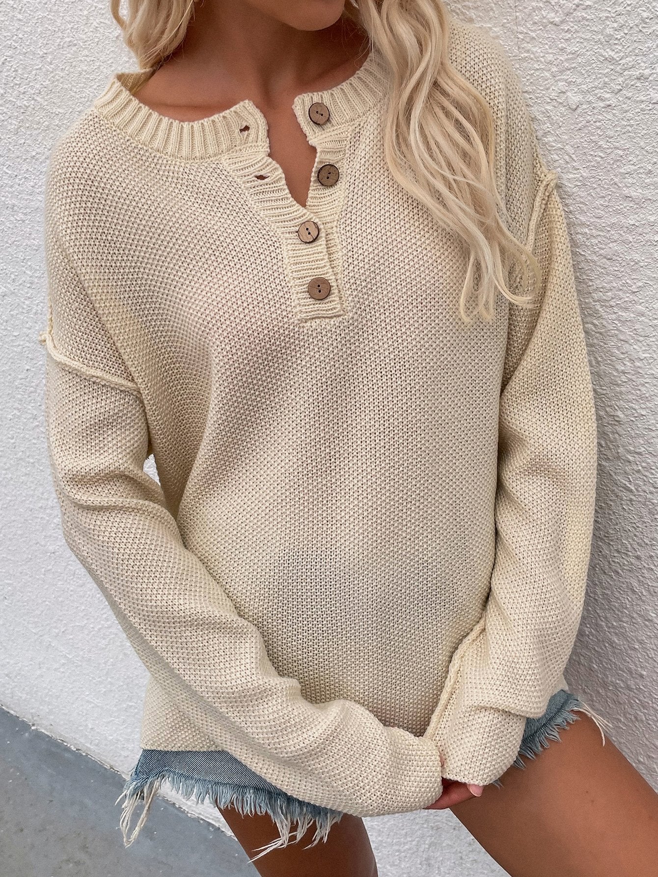 Buttoned Exposed Seam High-Low Sweater-TOPS / DRESSES-[Adult]-[Female]-Cream-S-Blue Zone Planet