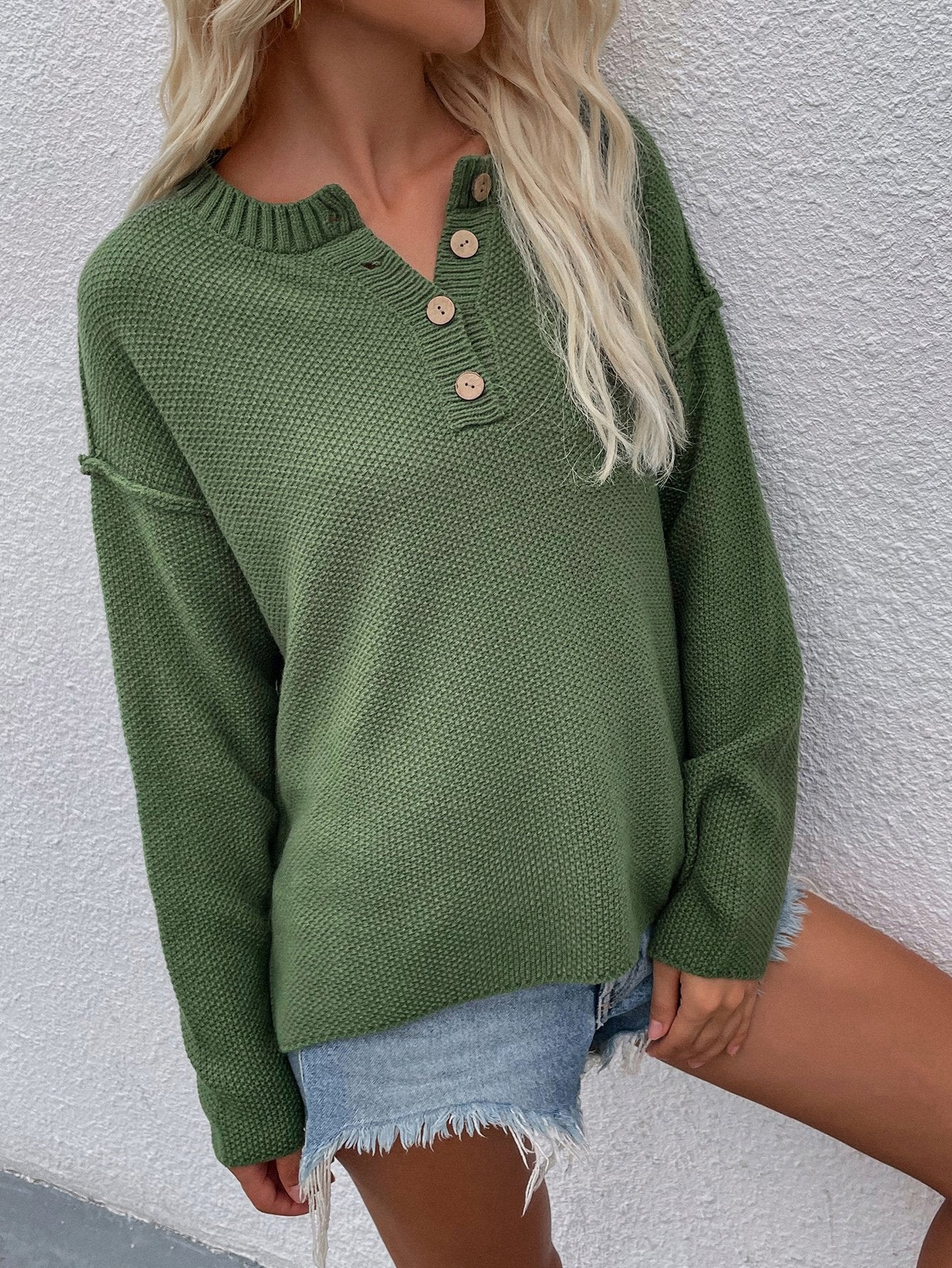 Buttoned Exposed Seam High-Low Sweater-TOPS / DRESSES-[Adult]-[Female]-Green-S-Blue Zone Planet