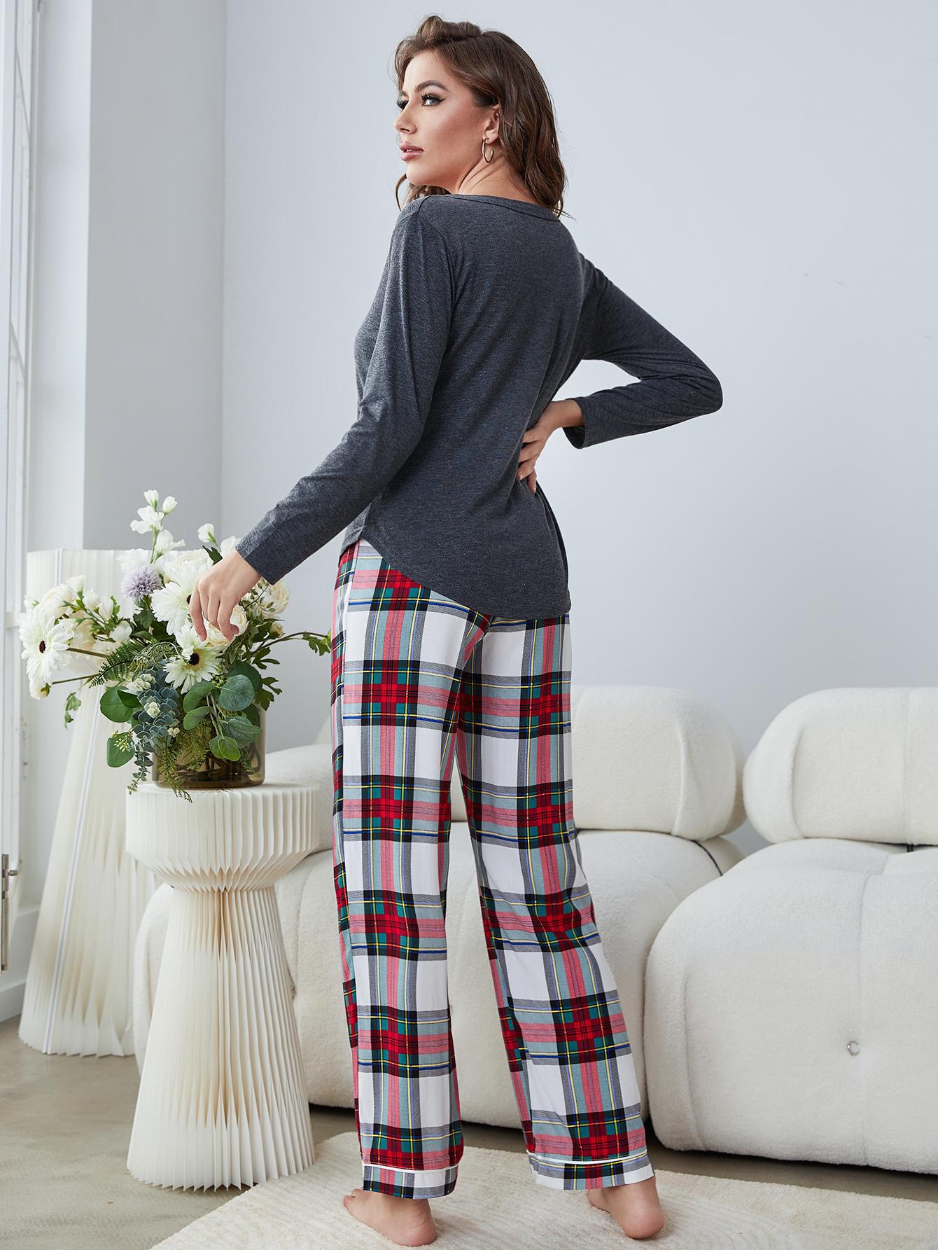Buttoned Long Sleeve Top and Plaid Pants Lounge Set-TOPS / DRESSES-[Adult]-[Female]-2022 Online Blue Zone Planet