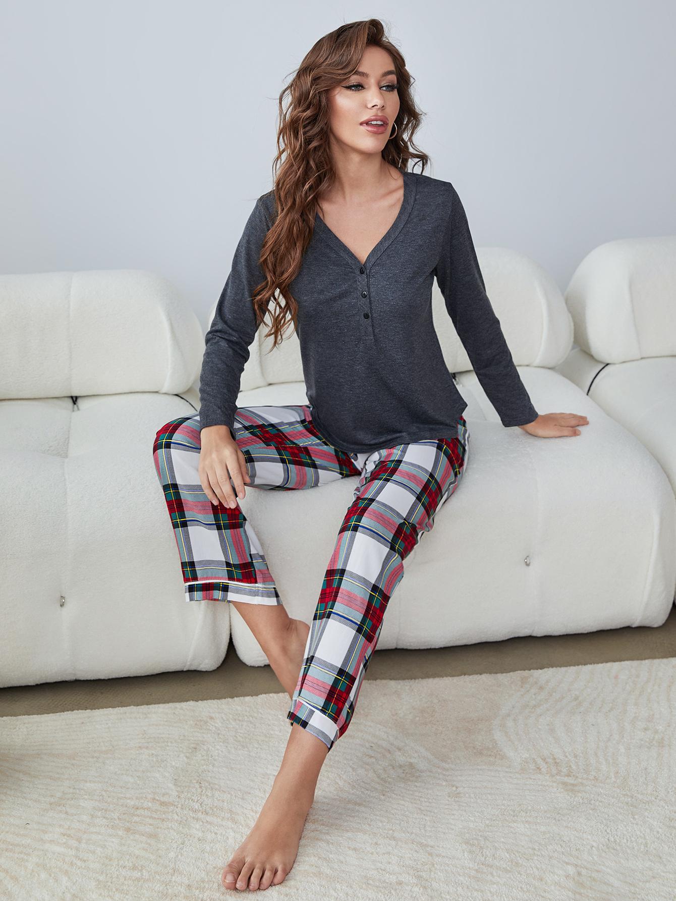 Buttoned Long Sleeve Top and Plaid Pants Lounge Set BLUE ZONE PLANET