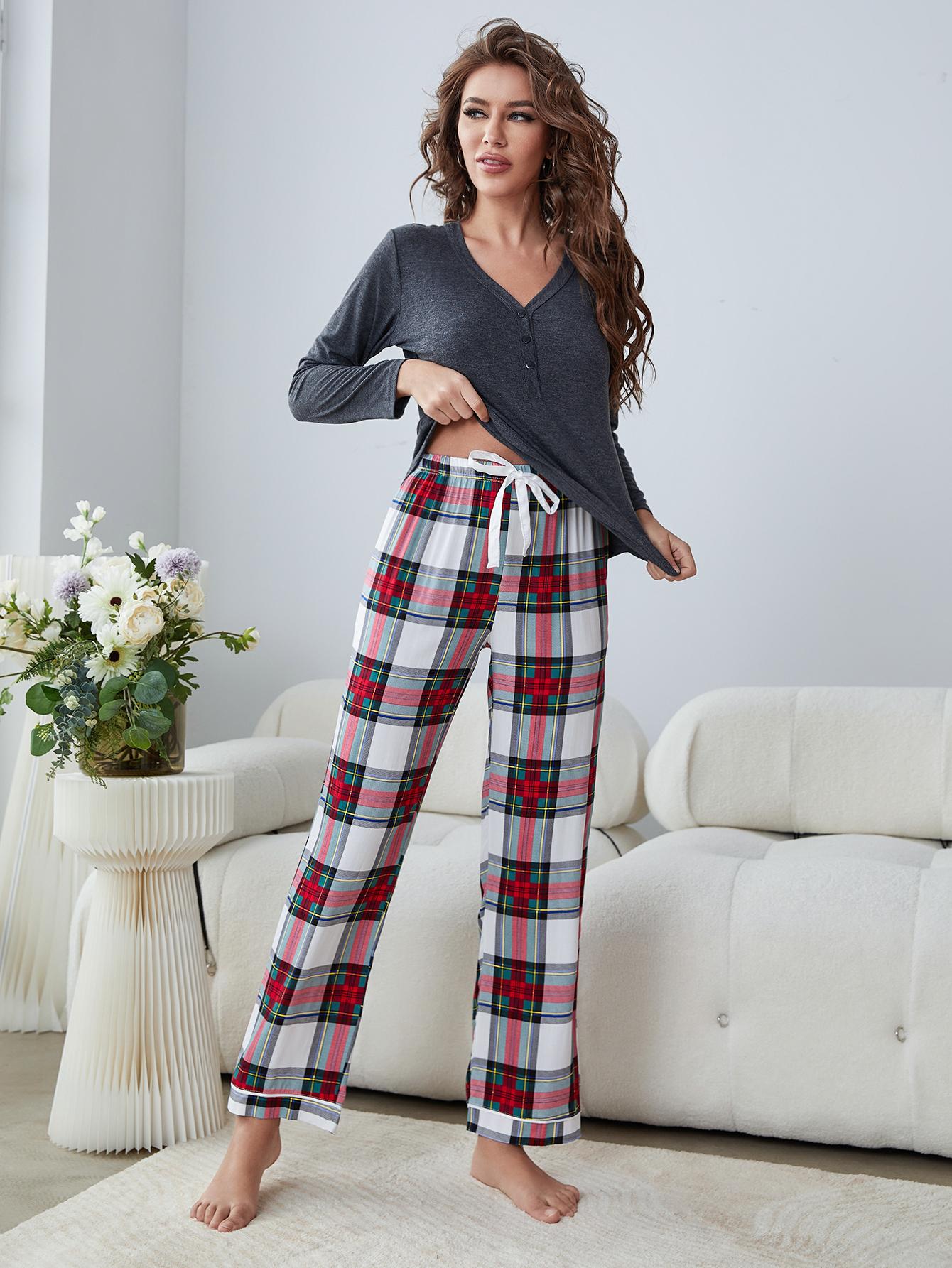 Buttoned Long Sleeve Top and Plaid Pants Lounge Set-TOPS / DRESSES-[Adult]-[Female]-Grey-S-2022 Online Blue Zone Planet
