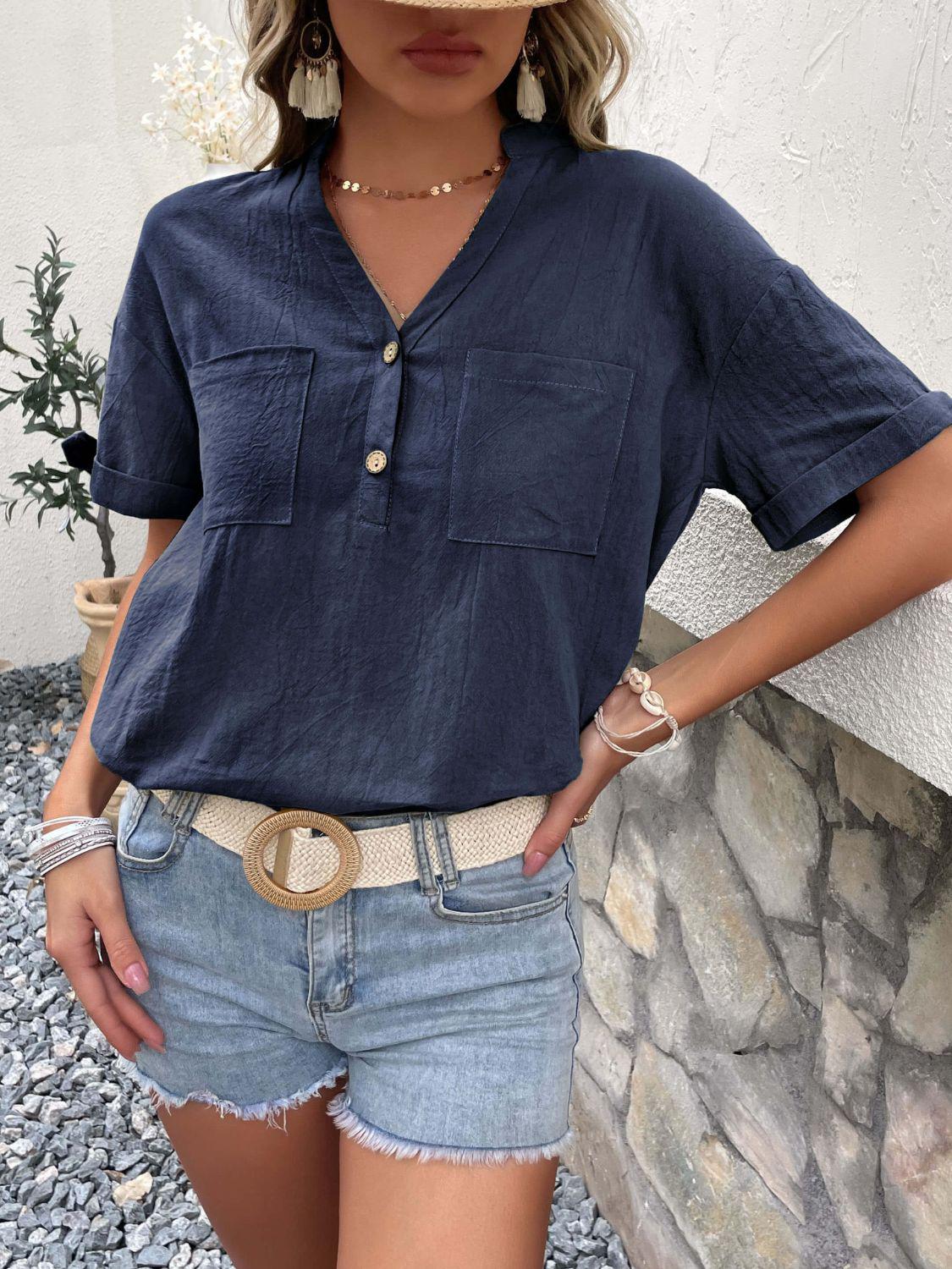 Buttoned Notched Neck Cuffed Sleeve Blouse BLUE ZONE PLANET