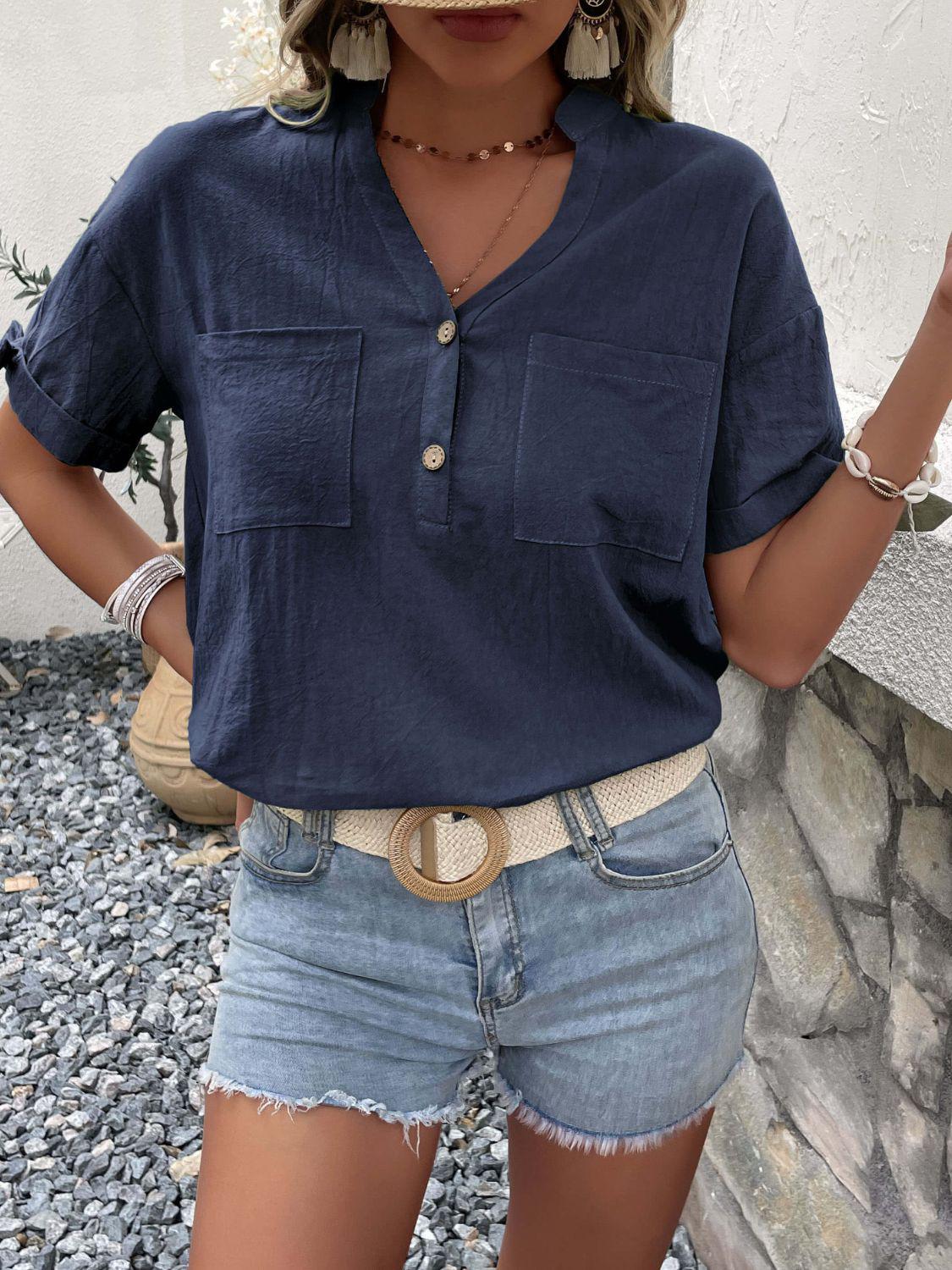 Buttoned Notched Neck Cuffed Sleeve Blouse BLUE ZONE PLANET