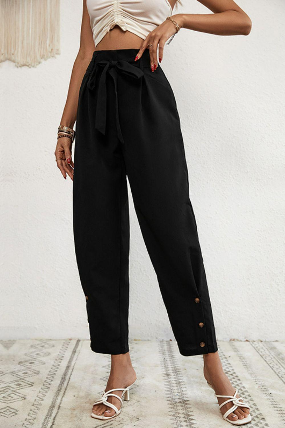 Buttoned Tie-Waist Cropped Pants BLUE ZONE PLANET
