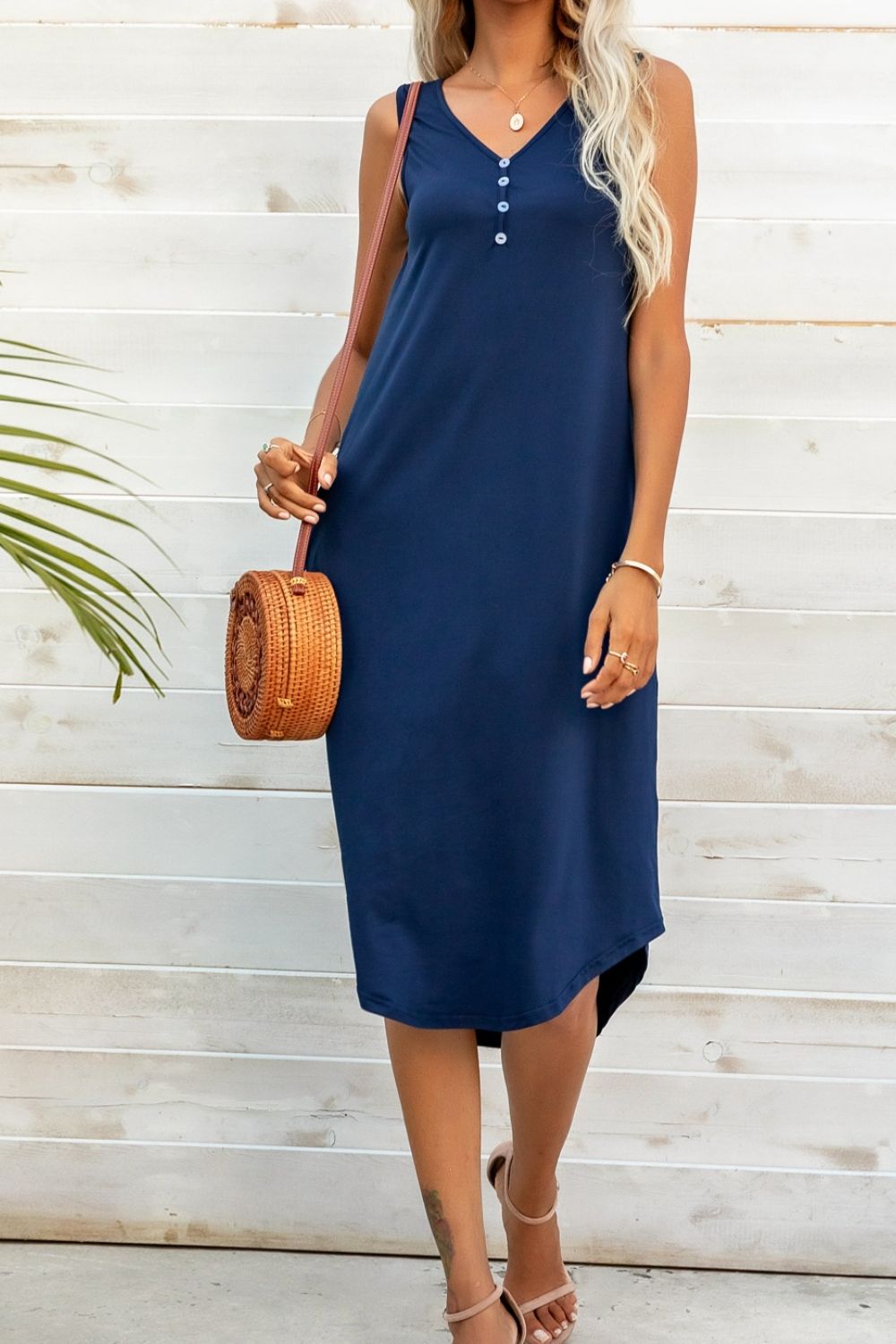 Buttoned V-Neck Curved Hem Sleeveless Dress-TOPS / DRESSES-[Adult]-[Female]-2022 Online Blue Zone Planet