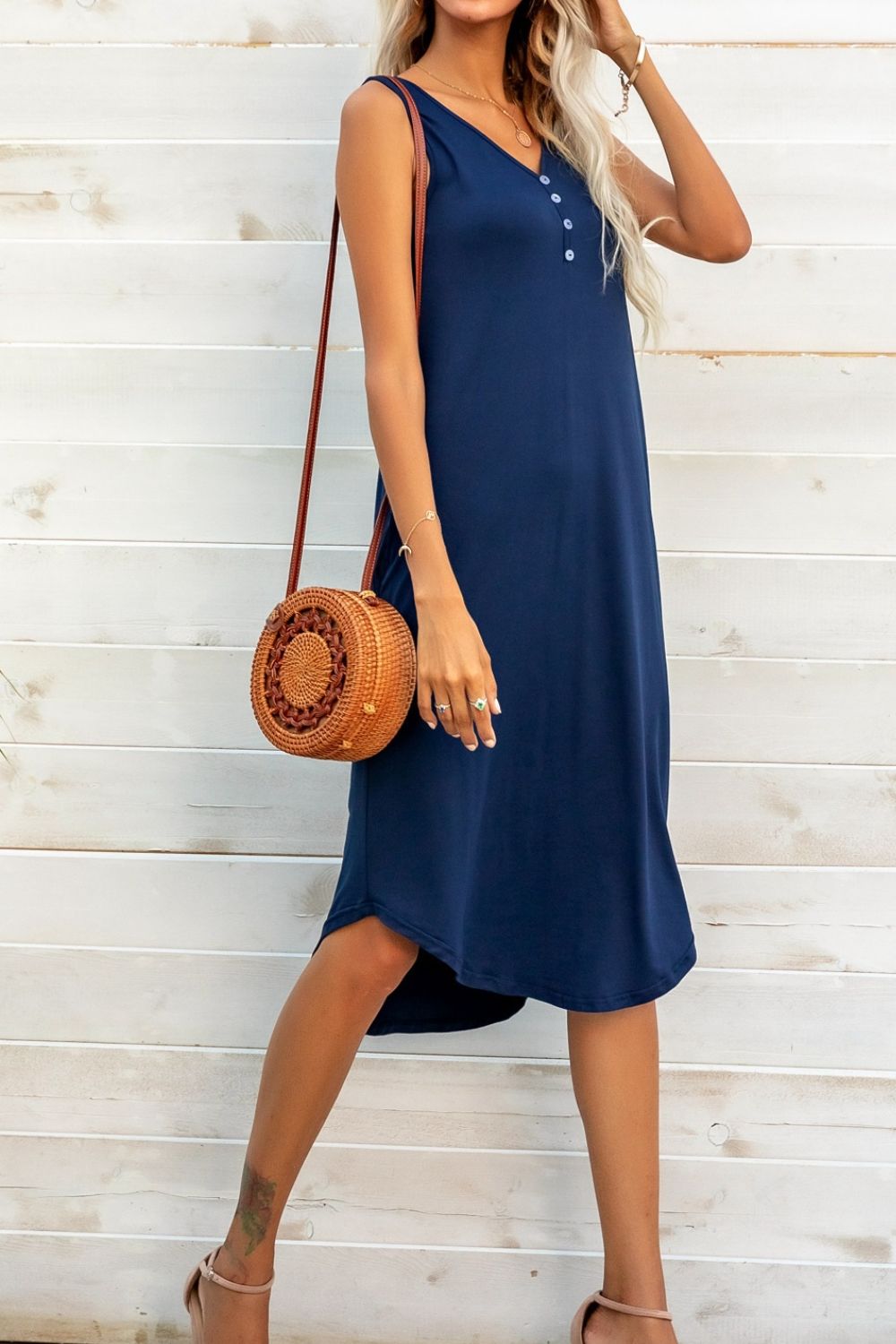 Buttoned V-Neck Curved Hem Sleeveless Dress-TOPS / DRESSES-[Adult]-[Female]-2022 Online Blue Zone Planet