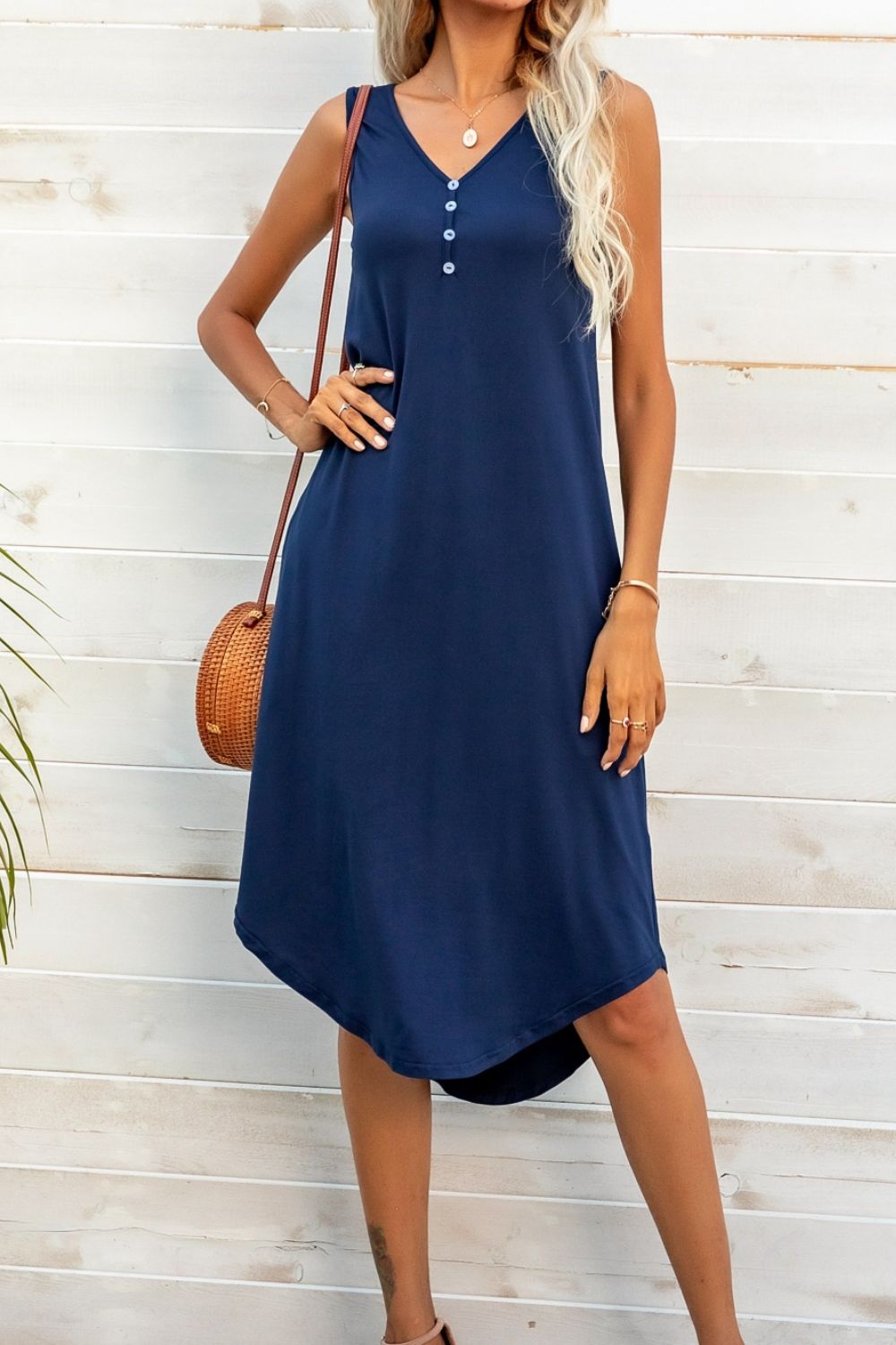 Buttoned V-Neck Curved Hem Sleeveless Dress-TOPS / DRESSES-[Adult]-[Female]-2022 Online Blue Zone Planet