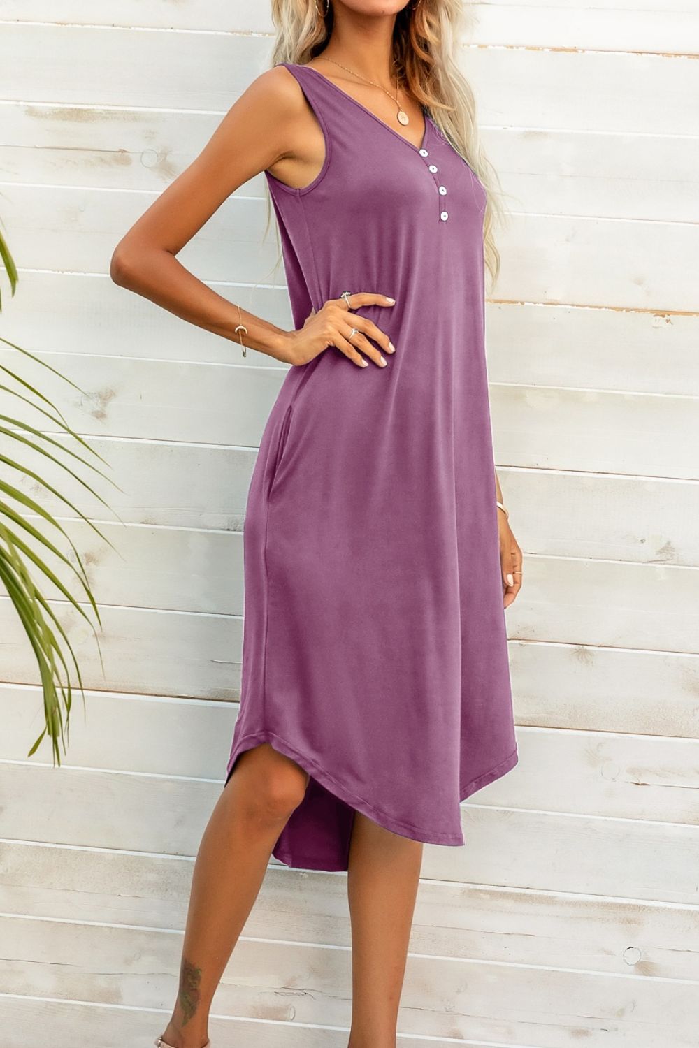 Buttoned V-Neck Curved Hem Sleeveless Dress-TOPS / DRESSES-[Adult]-[Female]-2022 Online Blue Zone Planet