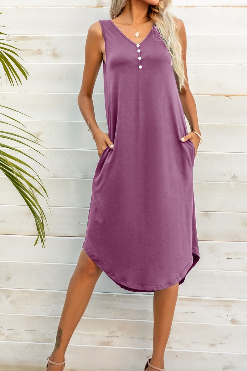 Buttoned V-Neck Curved Hem Sleeveless Dress-TOPS / DRESSES-[Adult]-[Female]-2022 Online Blue Zone Planet