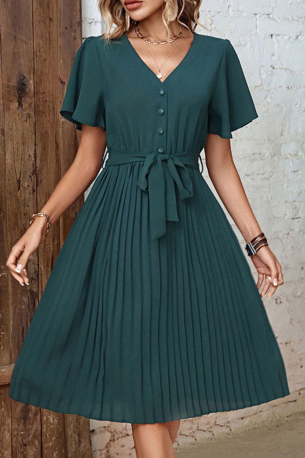 Buttoned V-Neck Flutter Sleeve Pleated Dress BLUE ZONE PLANET